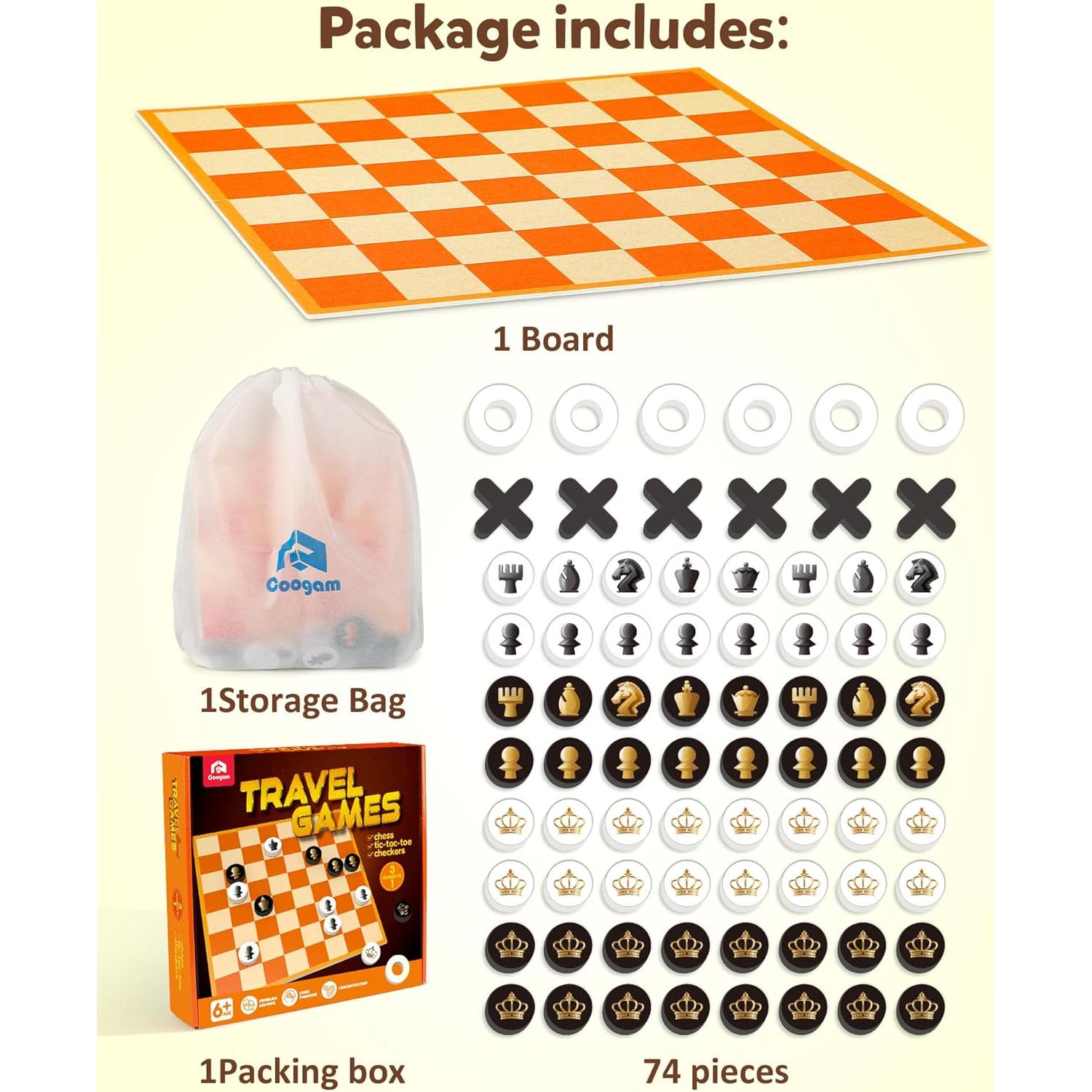 Juego de Mesa Coogam 3 en 1 Ajedrez Damas y Tres en Raya