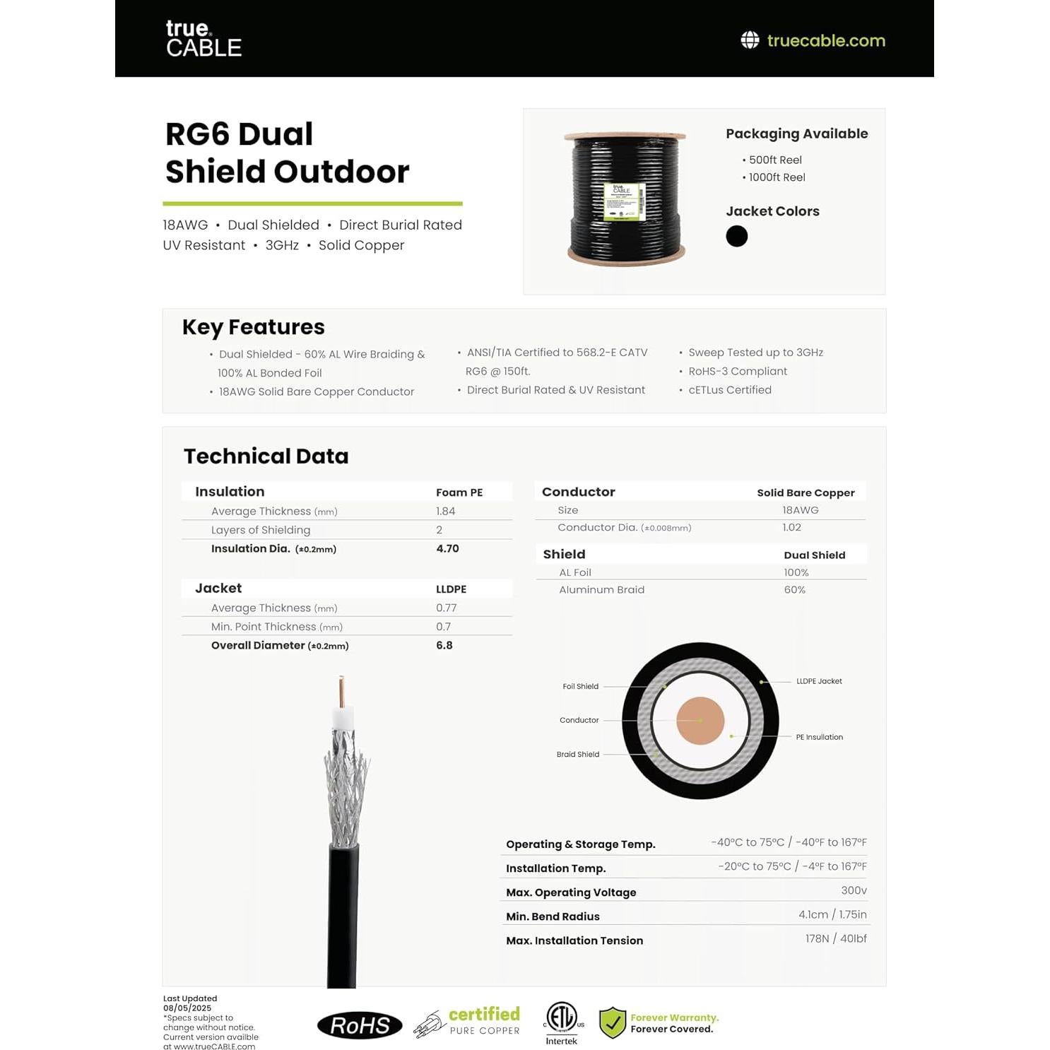 Cable Coaxial RG6 Exterior Doble Blindaje trueCABLE 152.4m