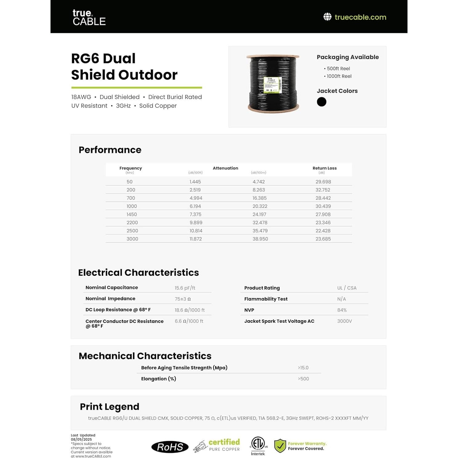 Cable Coaxial RG6 Exterior Doble Blindaje trueCABLE 152.4m