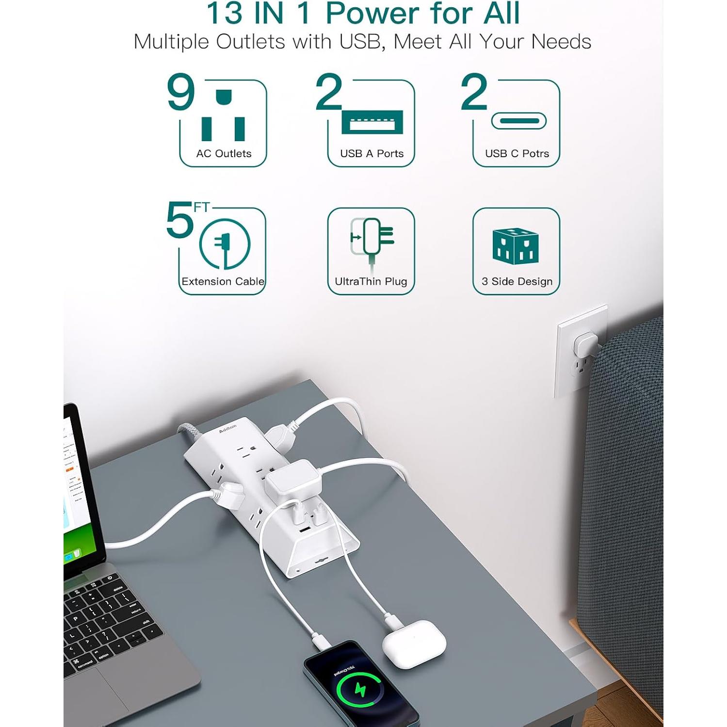 Regleta de Protección Addtam 5 pies, 9 Salidas y 4 USB-C