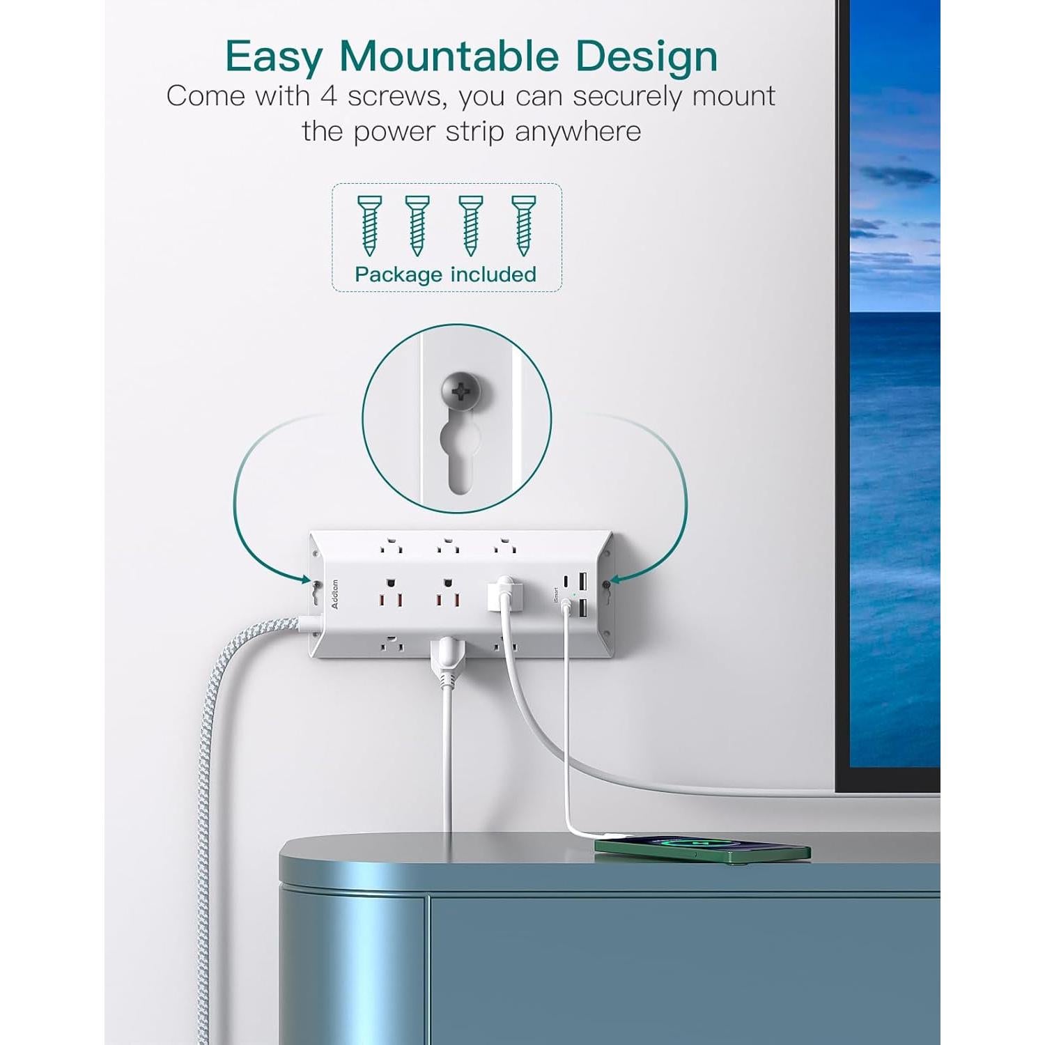 Regleta de Protección Addtam 5 pies, 9 Salidas y 4 USB-C