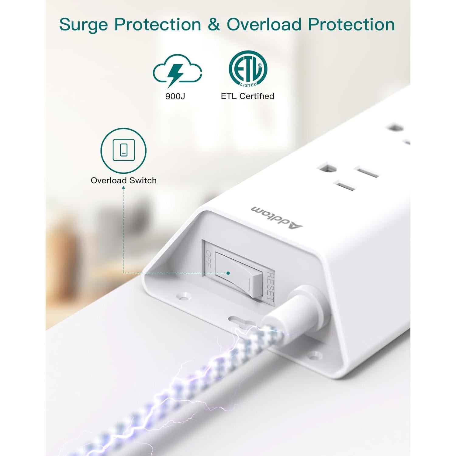 Regleta de Protección Addtam 5 pies, 9 Salidas y 4 USB-C