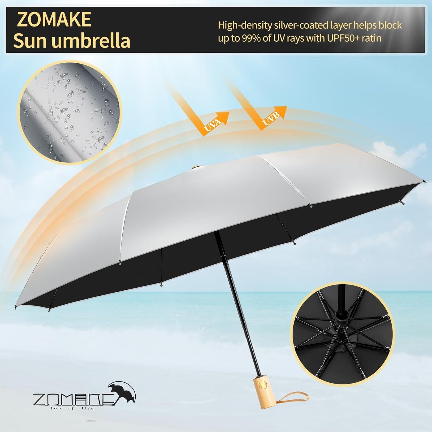 Paraguas ZOMAKE UV Plegable 109 cm UPF 50+ Automático Negro