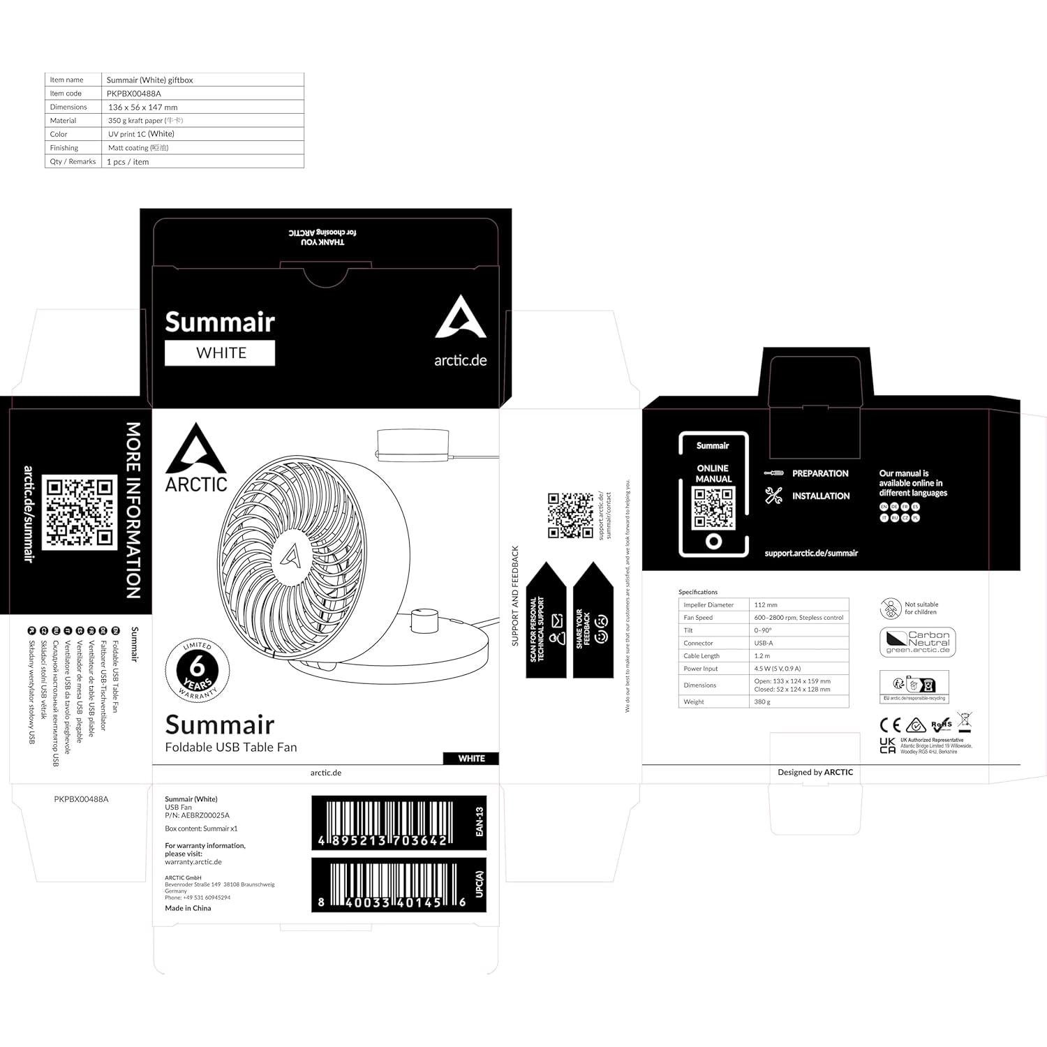 Ventilador de Mesa ARCTIC Summair Blanco USB-A 2800 RPM