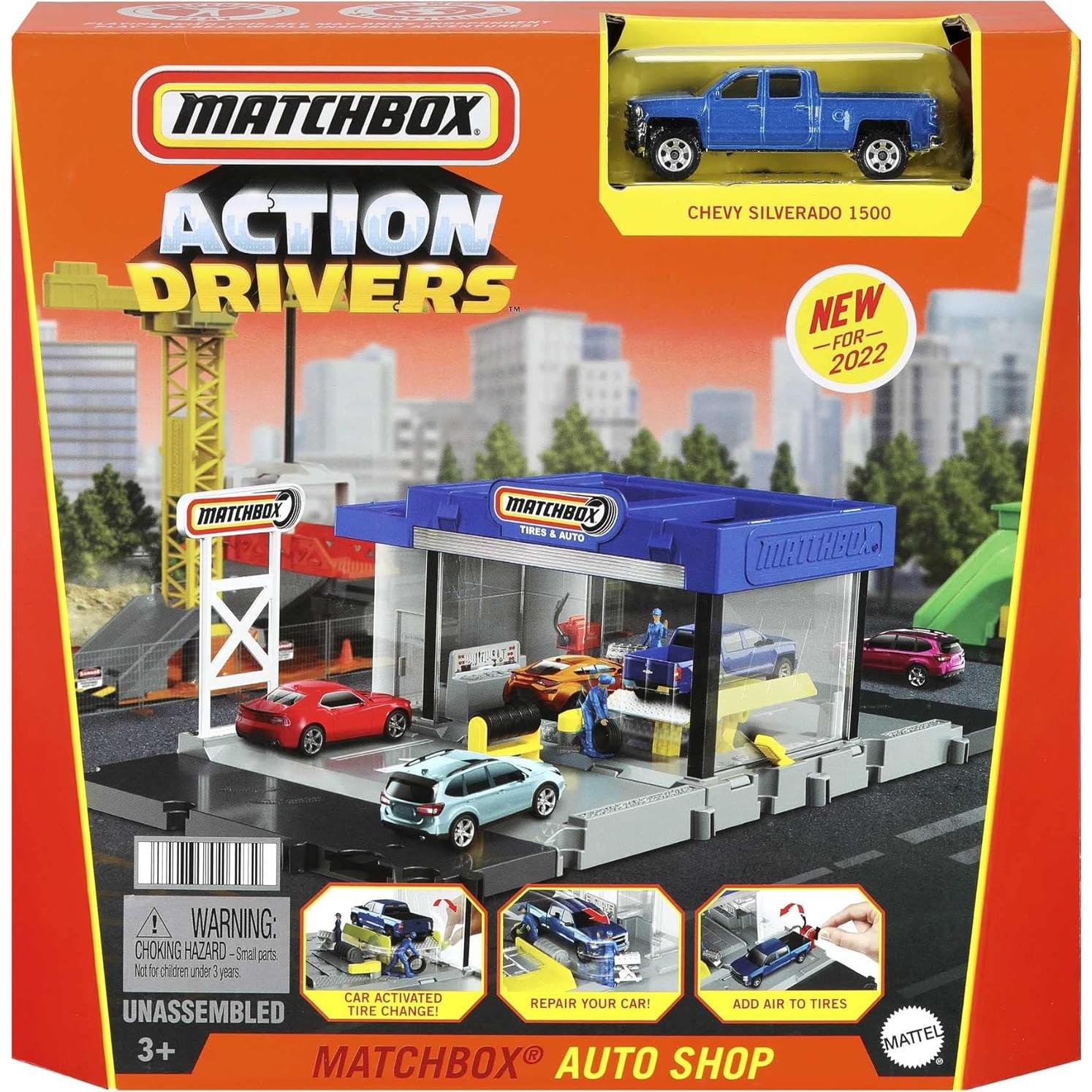 Juego de Taller de Autos Matchbox con Chevy Silverado y Figuras