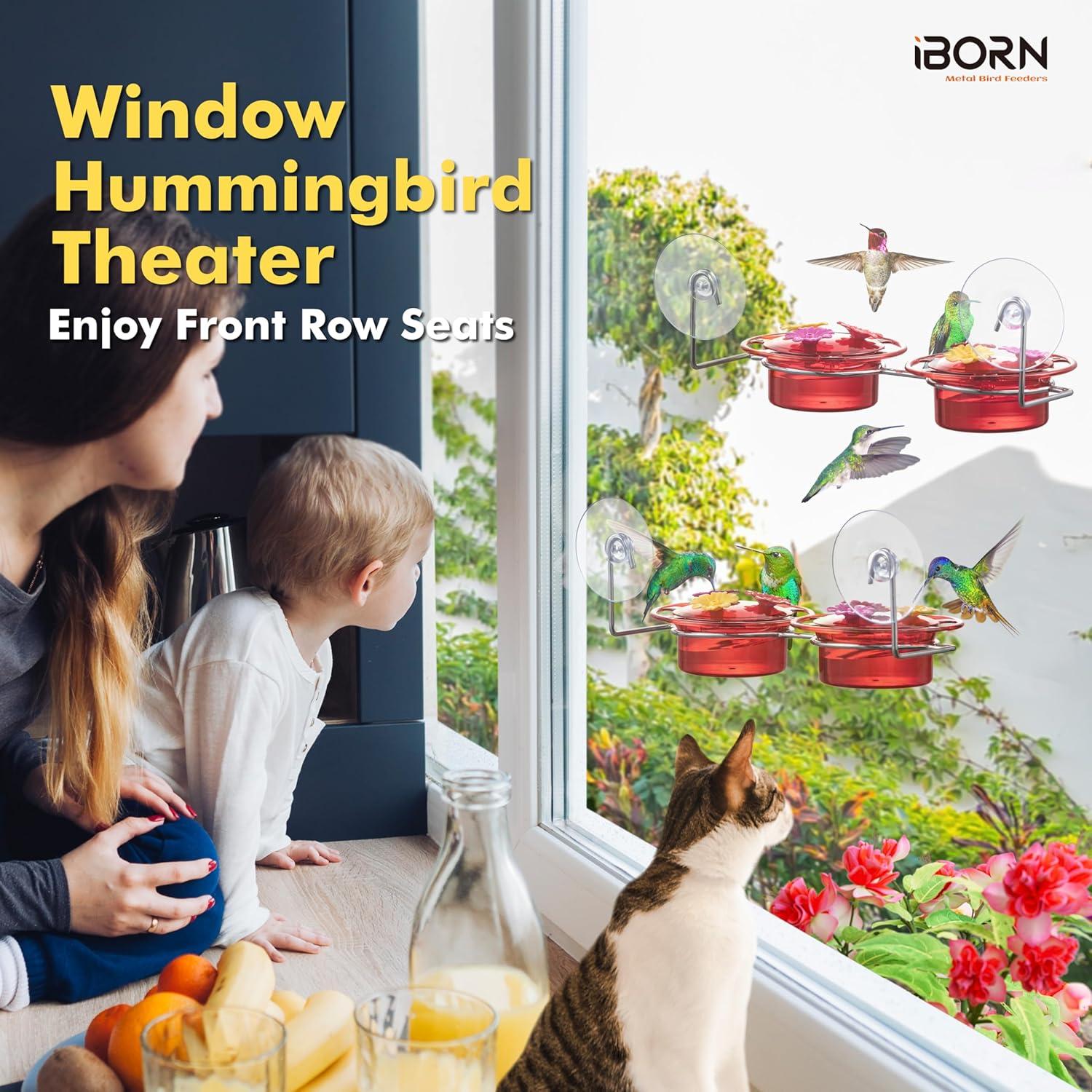 iBorn Window Hummingbird Feeder Hummingbird Feeder with Strong Suction Cup Mini Humming Bird Feeders for Outdoors, Bee-Proof Feeding Ports & Stainless Steel Base, 3oz, 2025 New