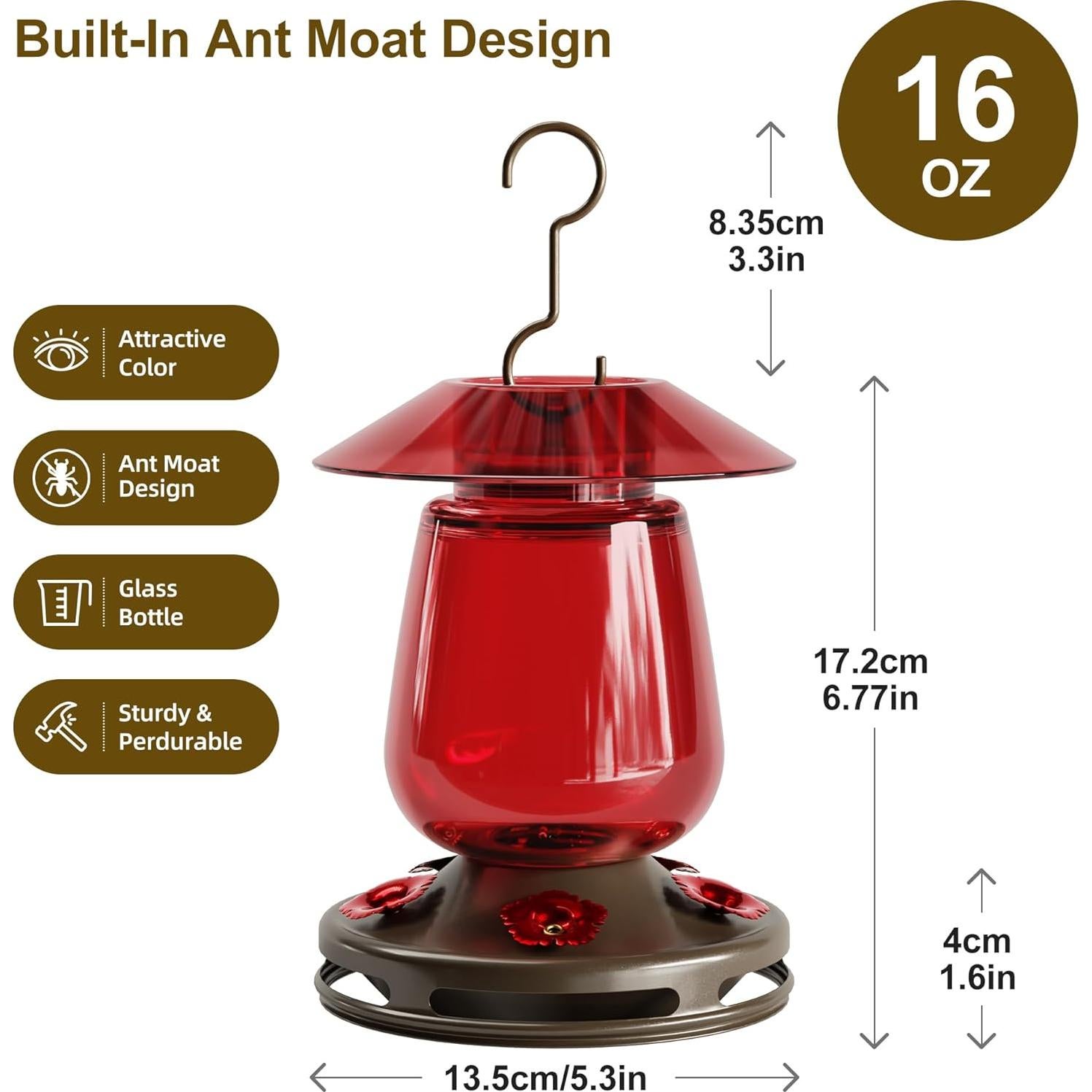 Comedero para Colibríes Auslar 0.47L Vidrio Rojo 5 Puertos