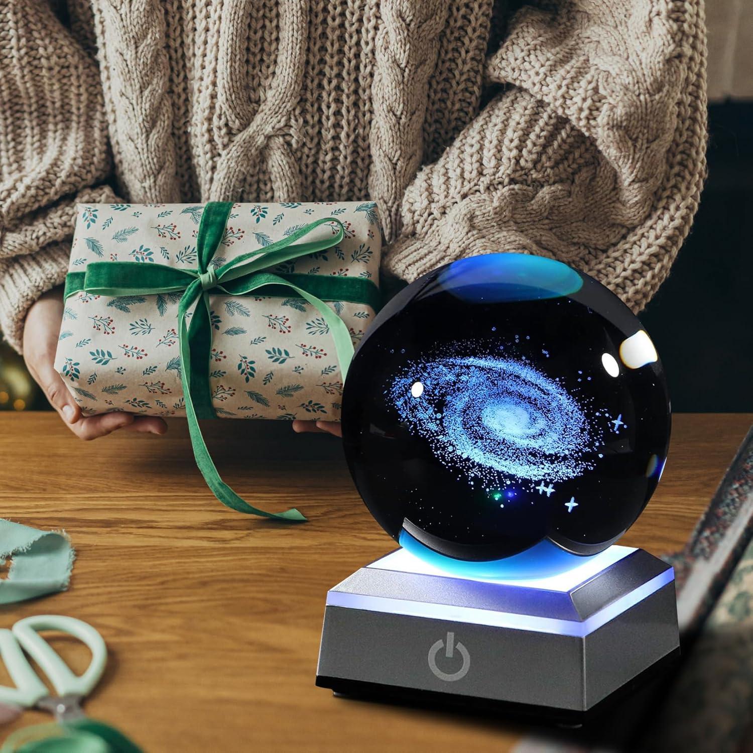 Luz Nocturna 3D Galaxia de Cristal K9 con Base Táctil