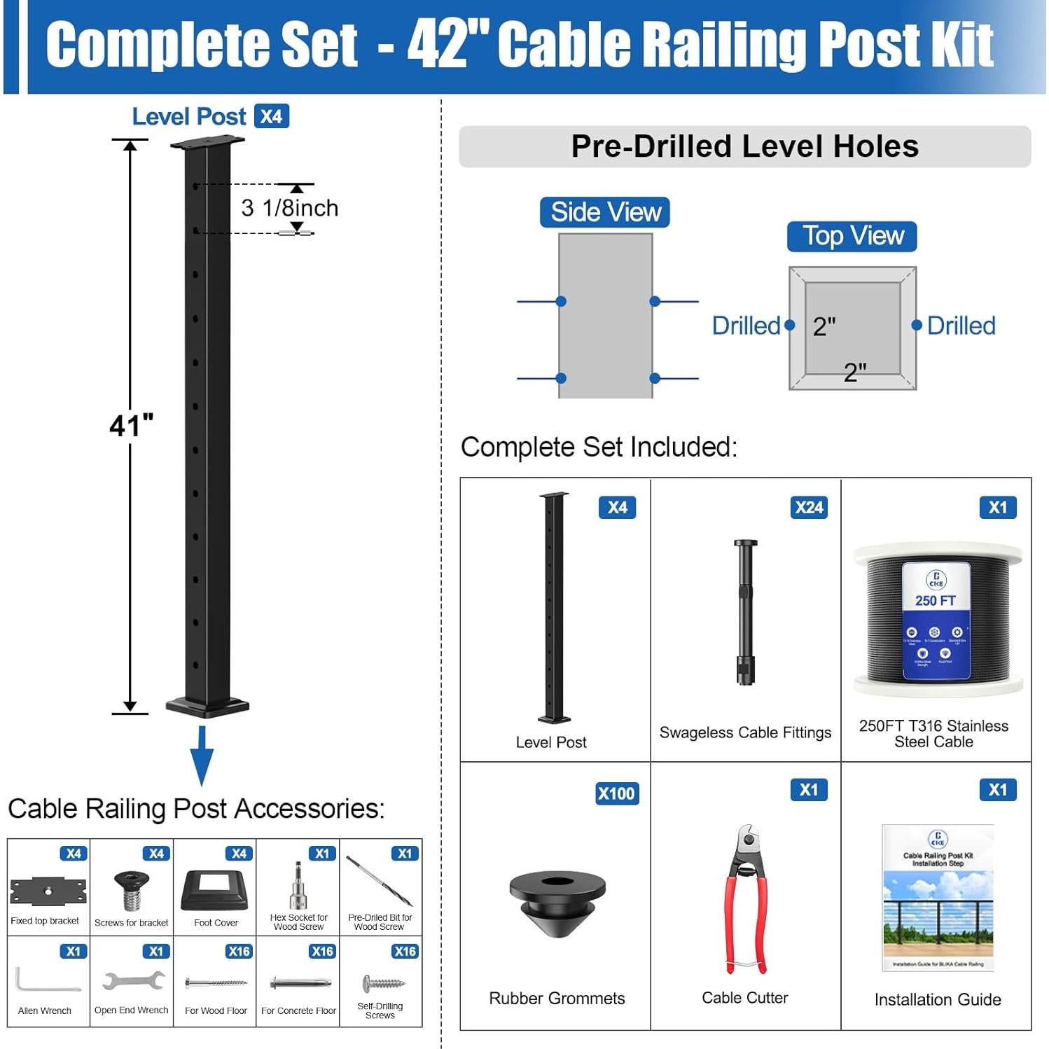 CKE Kit Completo de Barandilla de Cable Modular 42" 15-20ft