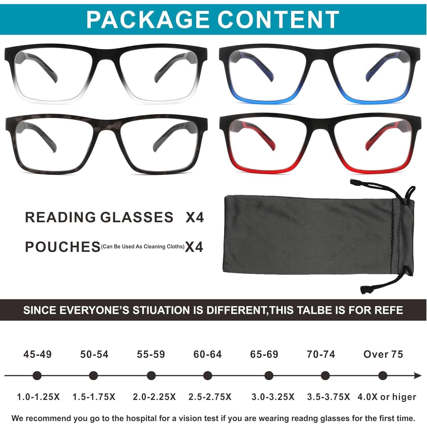 Paquete de 4 Gafas de Lectura Acavefox 1.0x Hombres Anti-Luz Azul