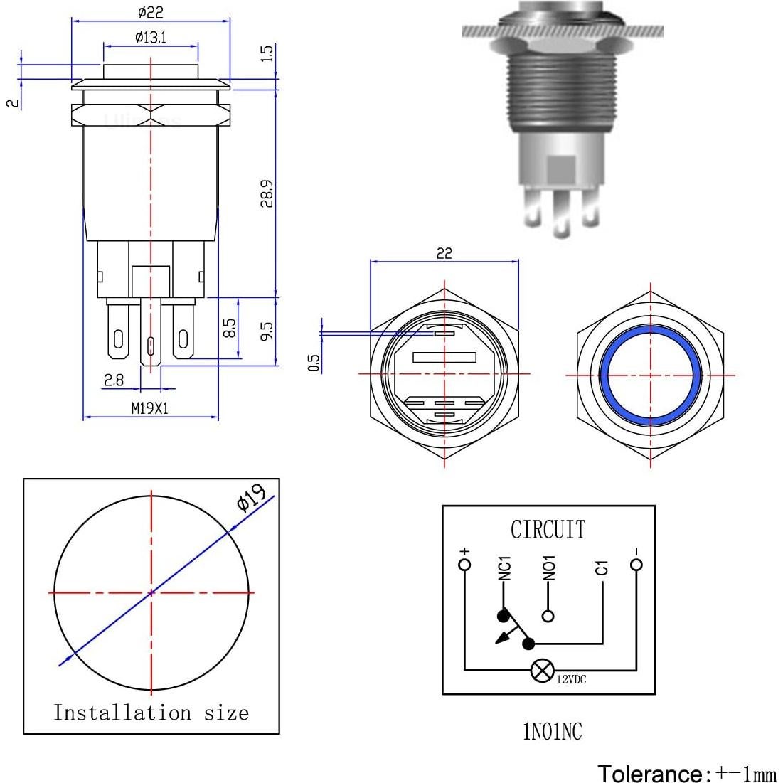 Interruptor Pulsador Ulincos U19C2 19mm Metal LED Azul