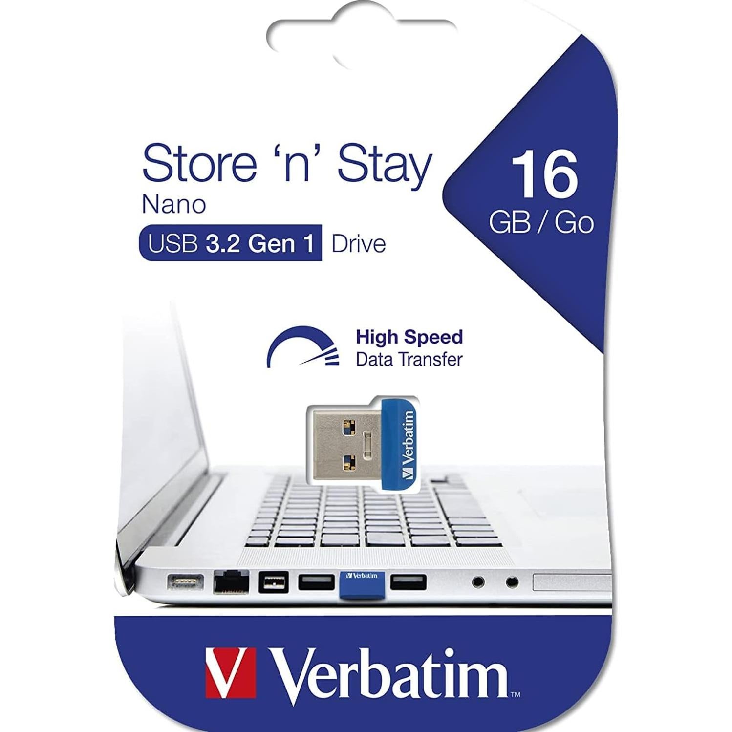 Verbatim 16GB Store 'n' Stay Nano USB 3.2 Gen 1 Flash Drive Snag-free Low Profile Thumb Drive - Blue