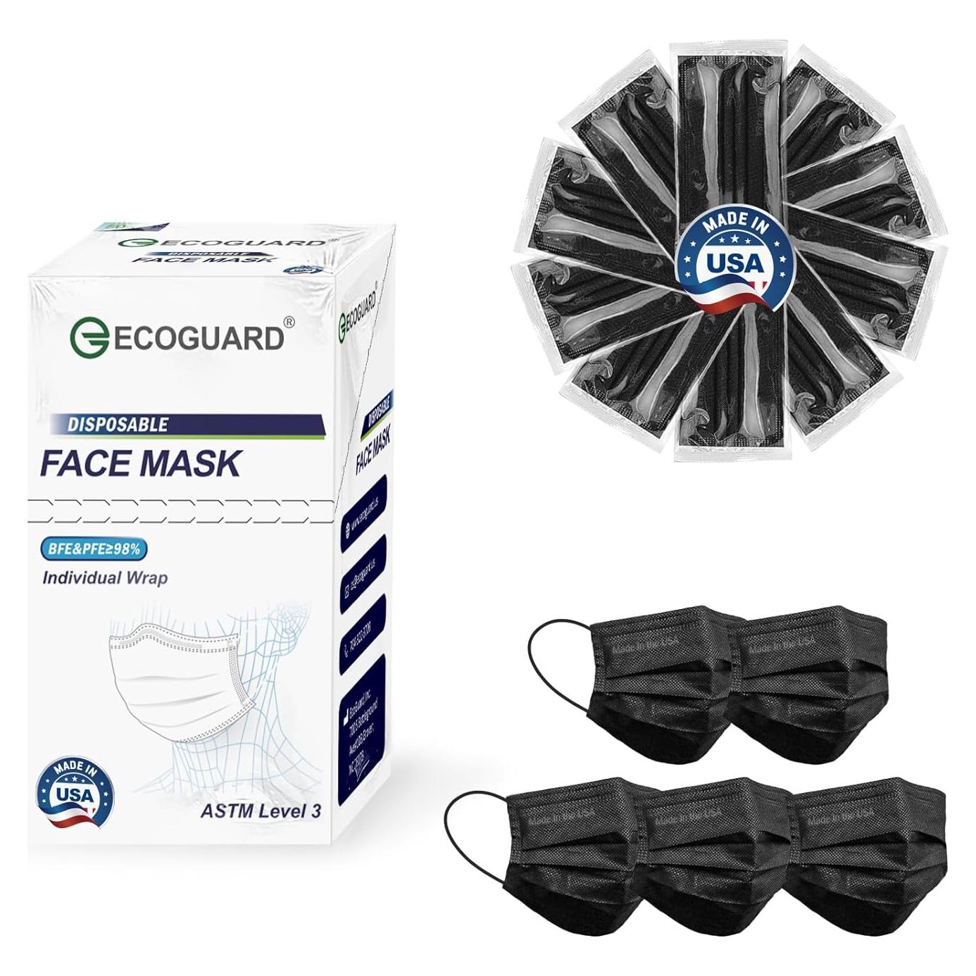 Mascarillas Desechables 4 Capas EcoGuard Negro ASTM Nivel 3 50 Pcs