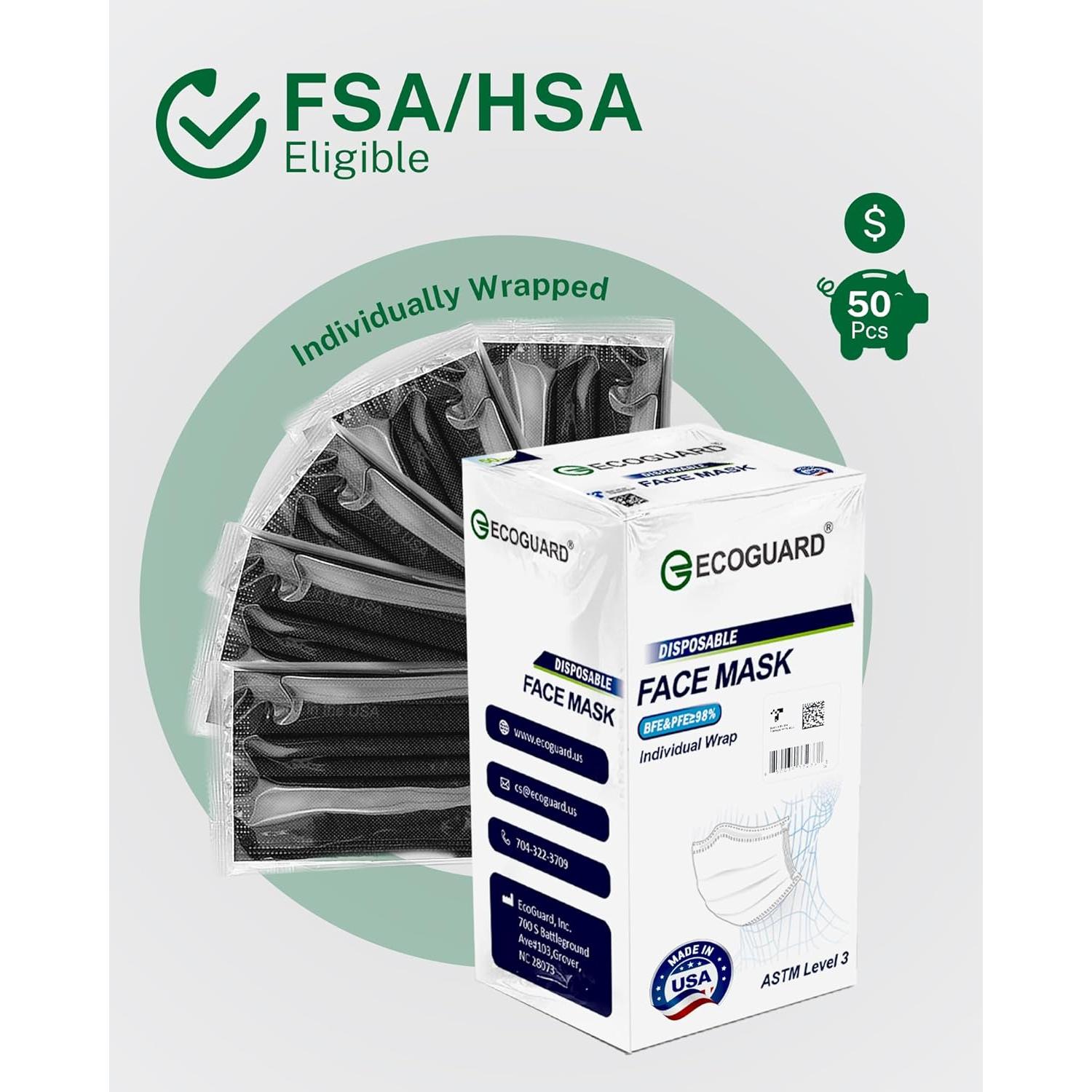 Mascarillas Desechables 4 Capas EcoGuard Negro ASTM Nivel 3 50 Pcs