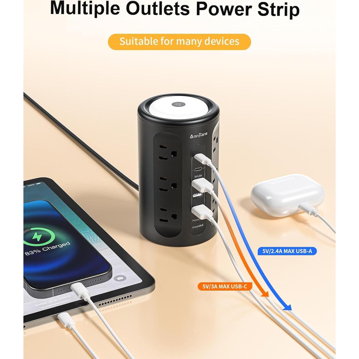 Torre de Regletas AnnTane con Luz Nocturna y 12 Salidas AC