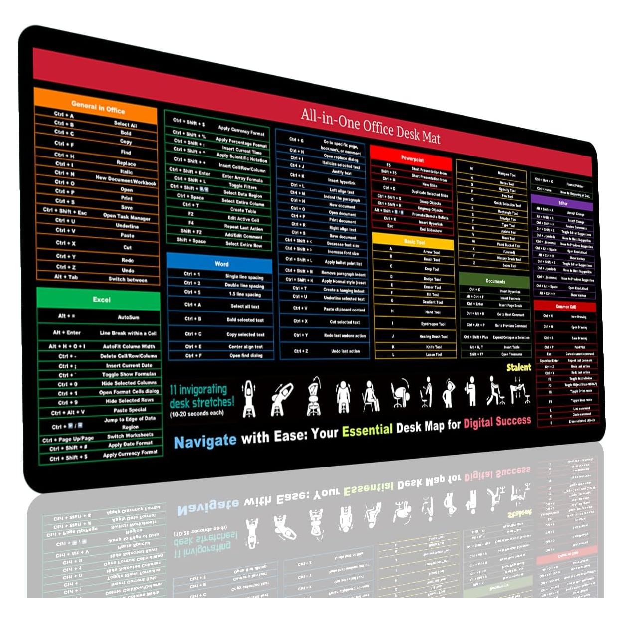 Alfombrilla de escritorio XXL Zoolyx con atajos de Excel y Word