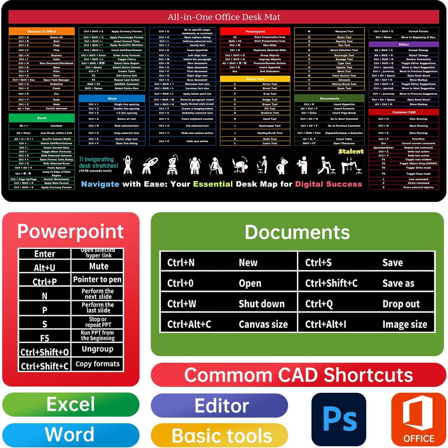 Alfombrilla de escritorio XXL Zoolyx con atajos de Excel y Word