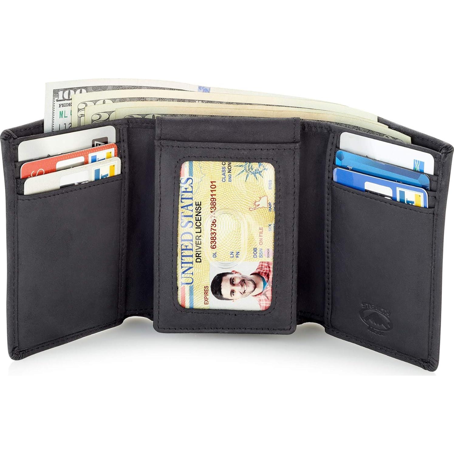 Billetera Trifold de Cuero Modo Sigiloso para Hombres - Negro con Bloqueo RFID
