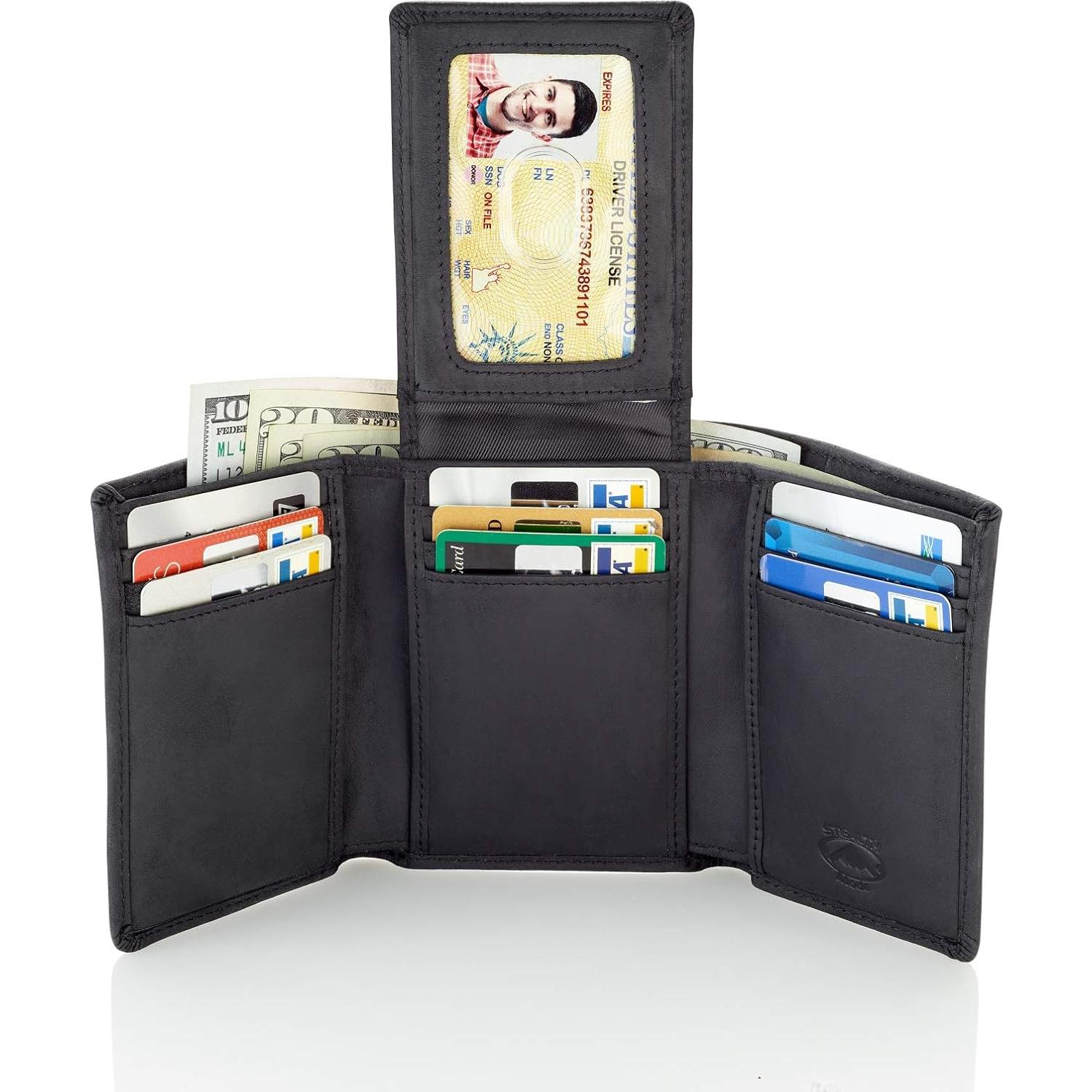 Billetera Trifold de Cuero Modo Sigiloso para Hombres - Negro con Bloqueo RFID
