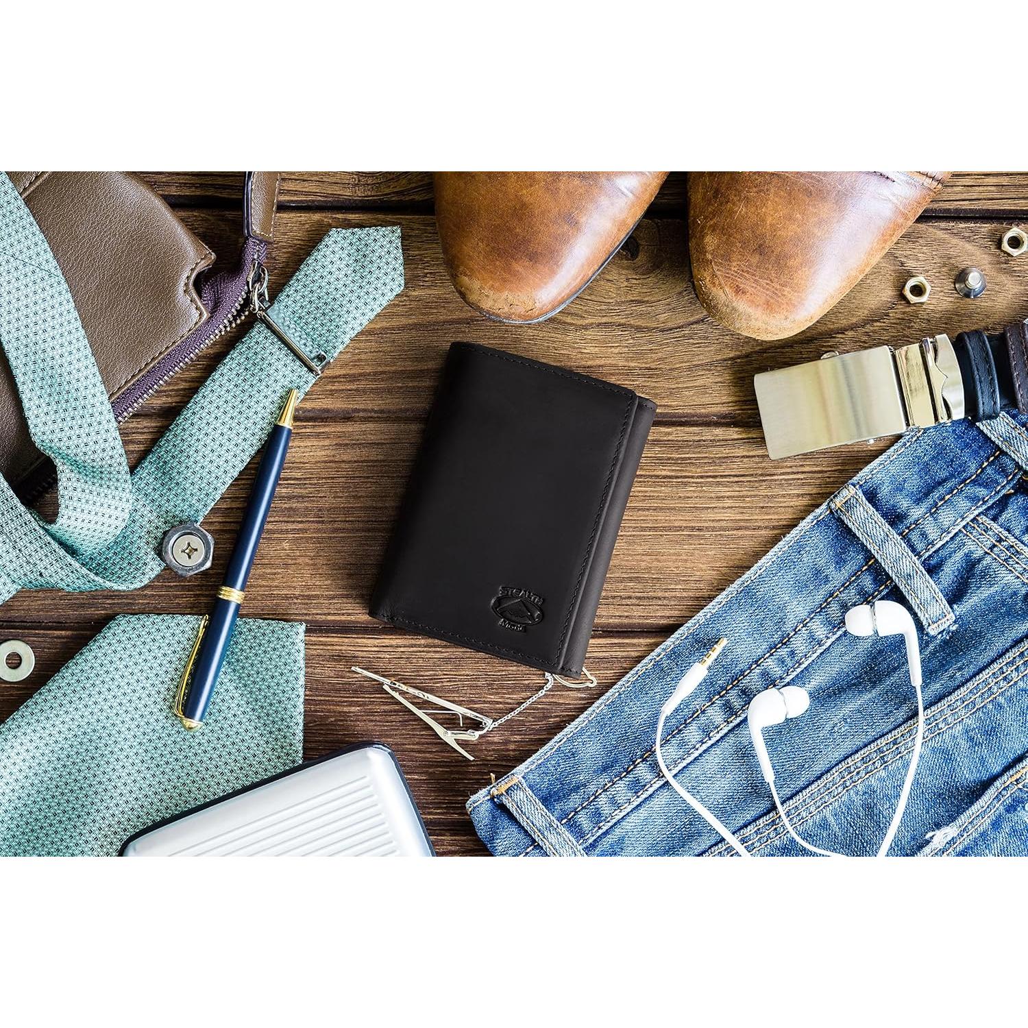 Billetera Trifold de Cuero Modo Sigiloso para Hombres - Negro con Bloqueo RFID