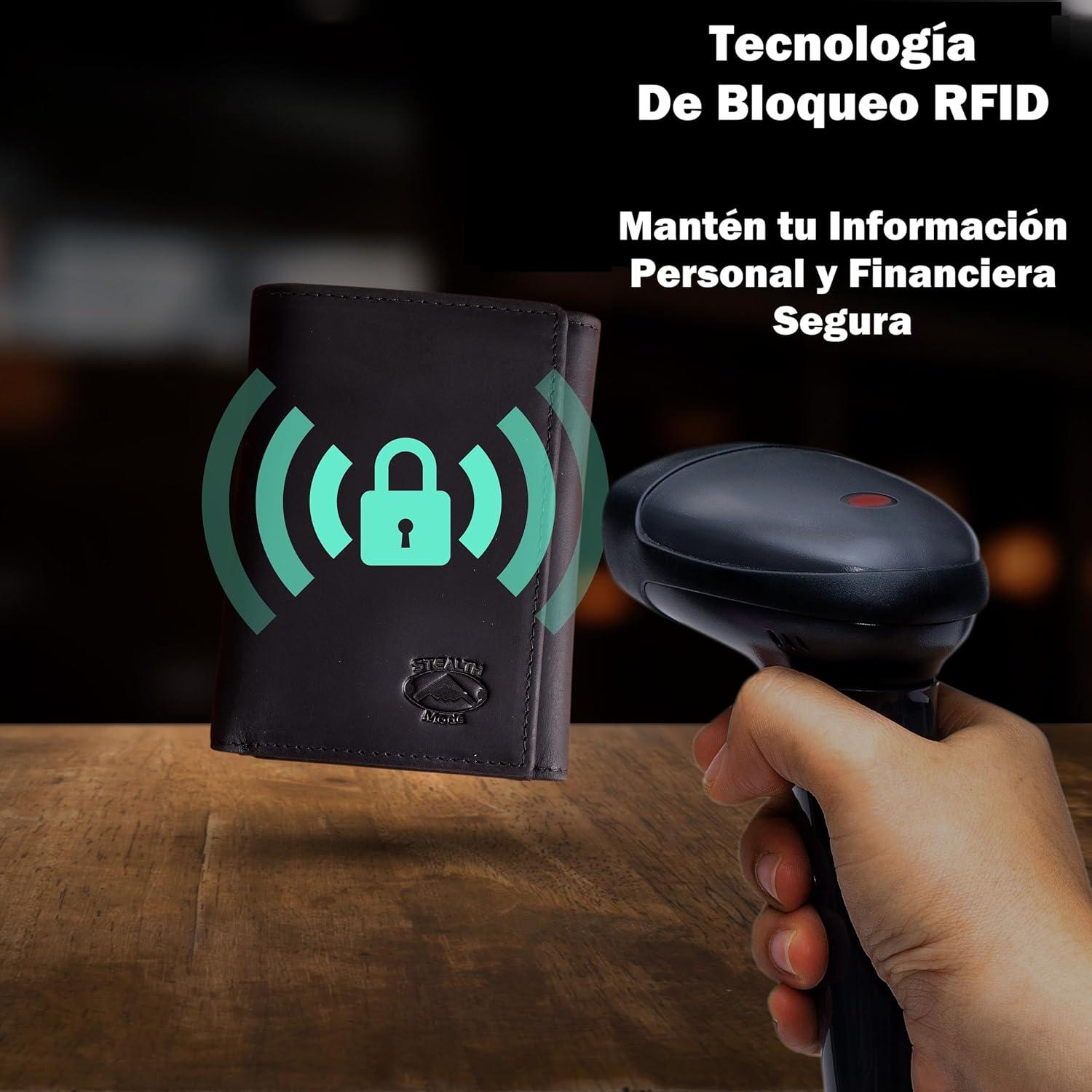 Billetera Trifold de Cuero Modo Sigiloso para Hombres - Negro con Bloqueo RFID