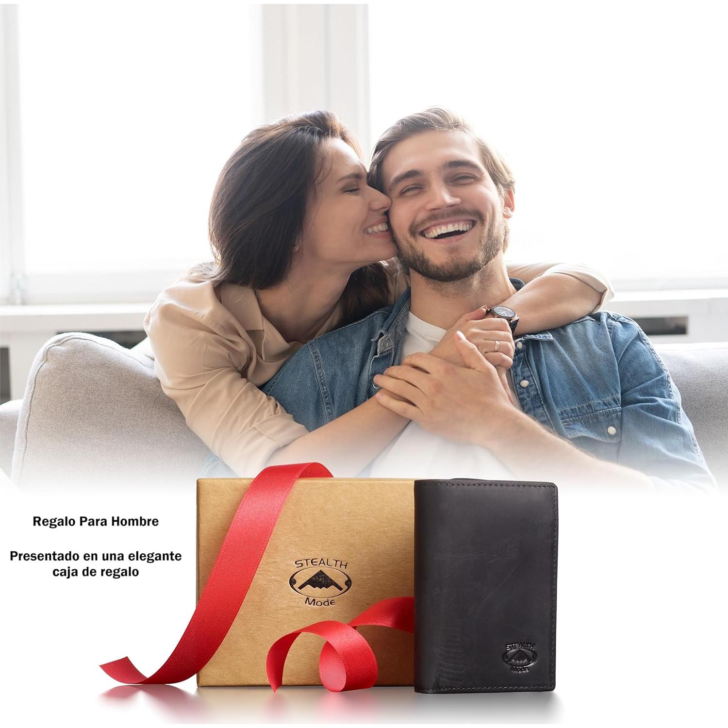 Billetera Trifold de Cuero Modo Sigiloso para Hombres - Negro con Bloqueo RFID