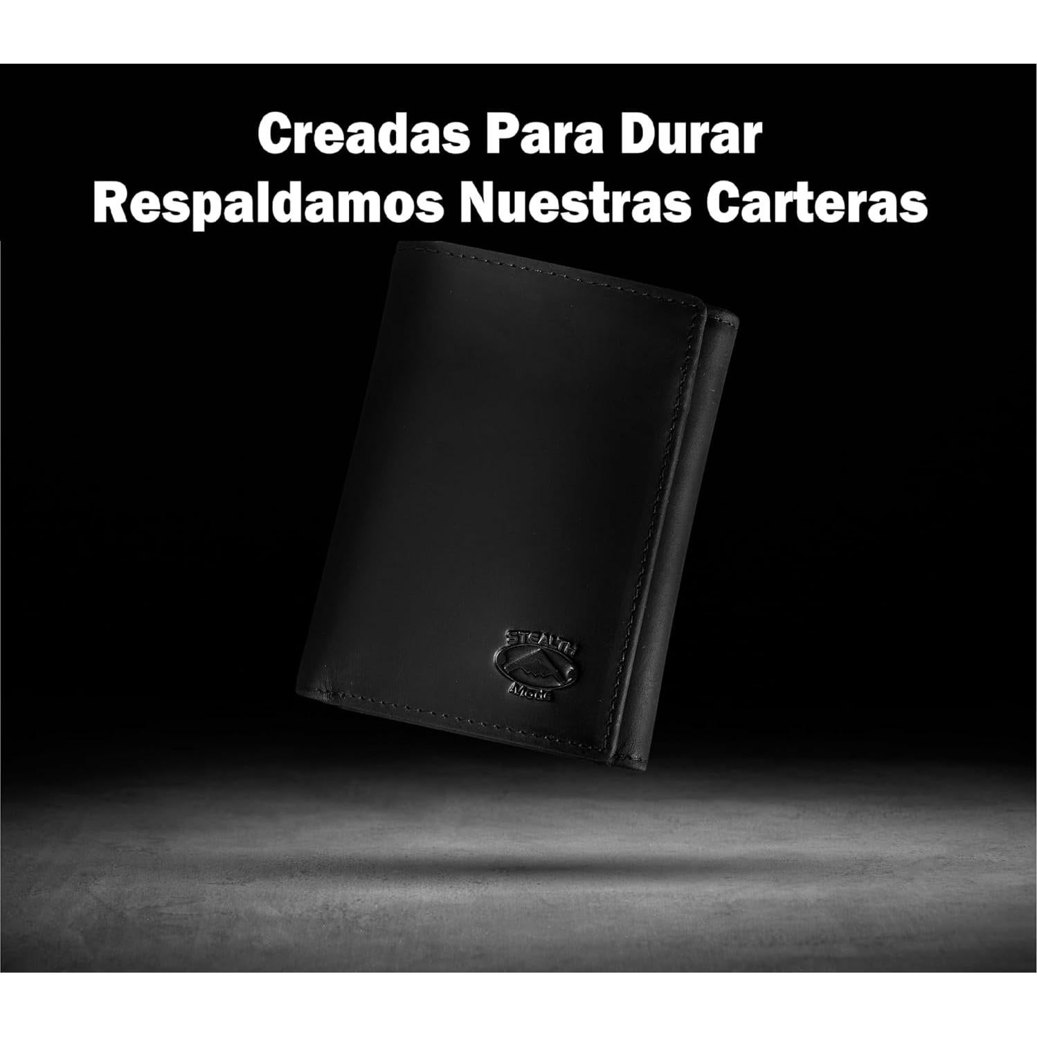 Billetera Trifold de Cuero Modo Sigiloso para Hombres - Negro con Bloqueo RFID