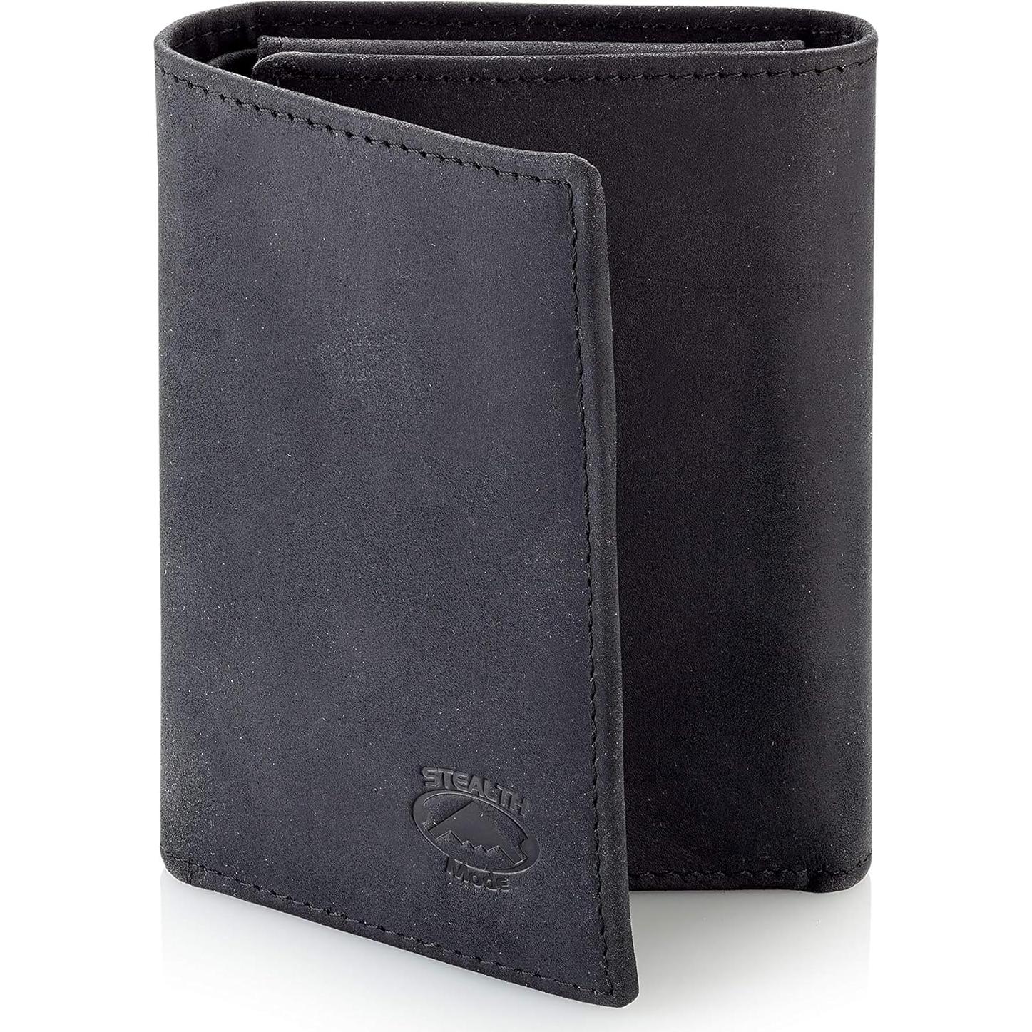 Billetera Trifold de Cuero Modo Sigiloso para Hombres - Negro con Bloqueo RFID