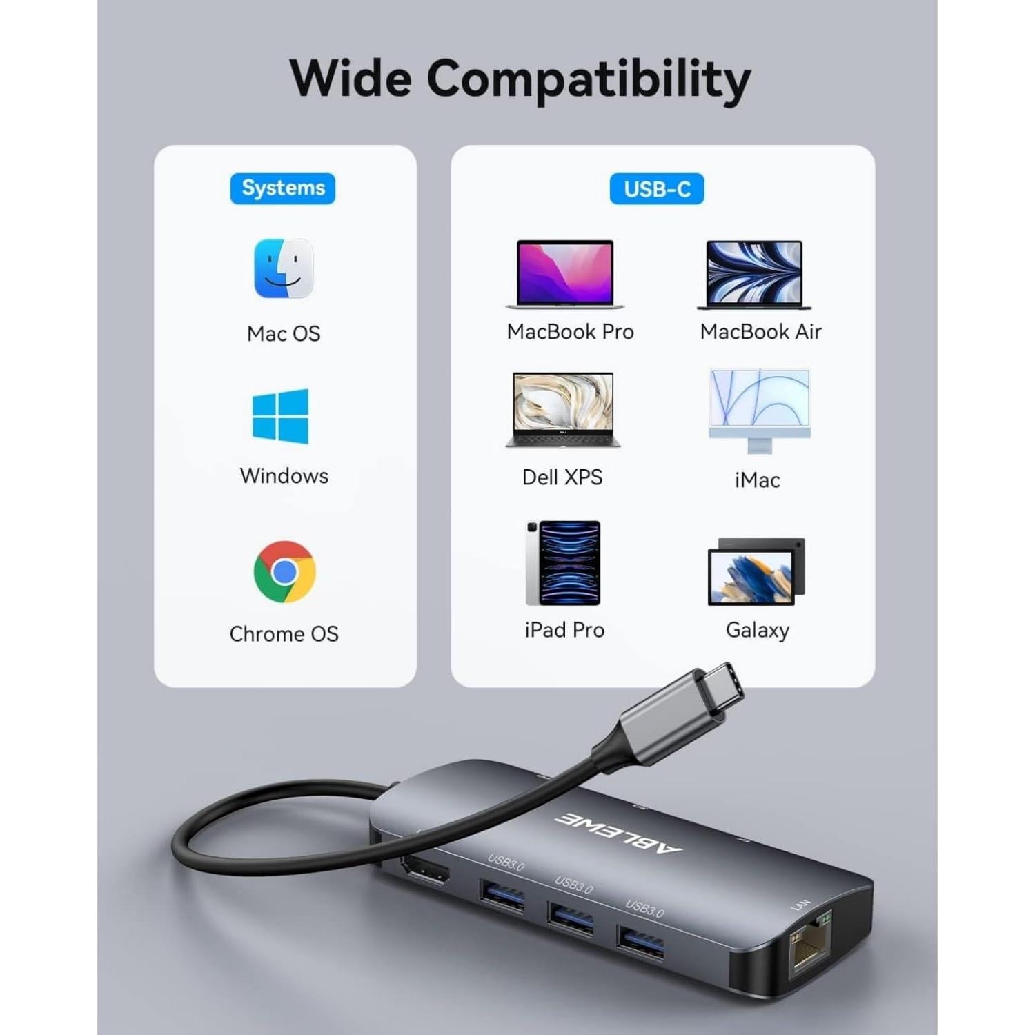 Hub USB C 8 en 1 ABLEWE con HDMI 4K, Ethernet 1000Mbps