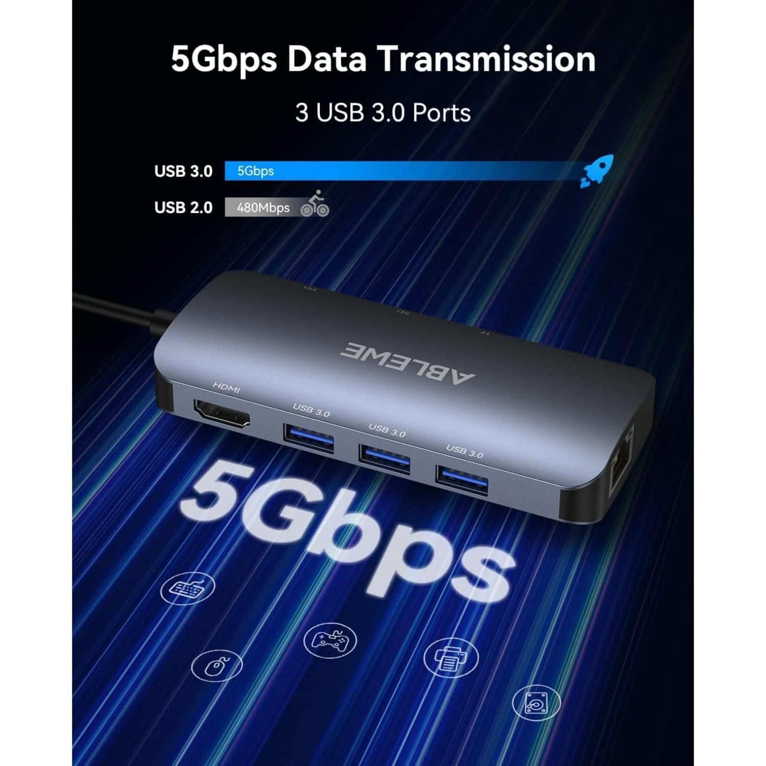 Hub USB C 8 en 1 ABLEWE con HDMI 4K, Ethernet 1000Mbps