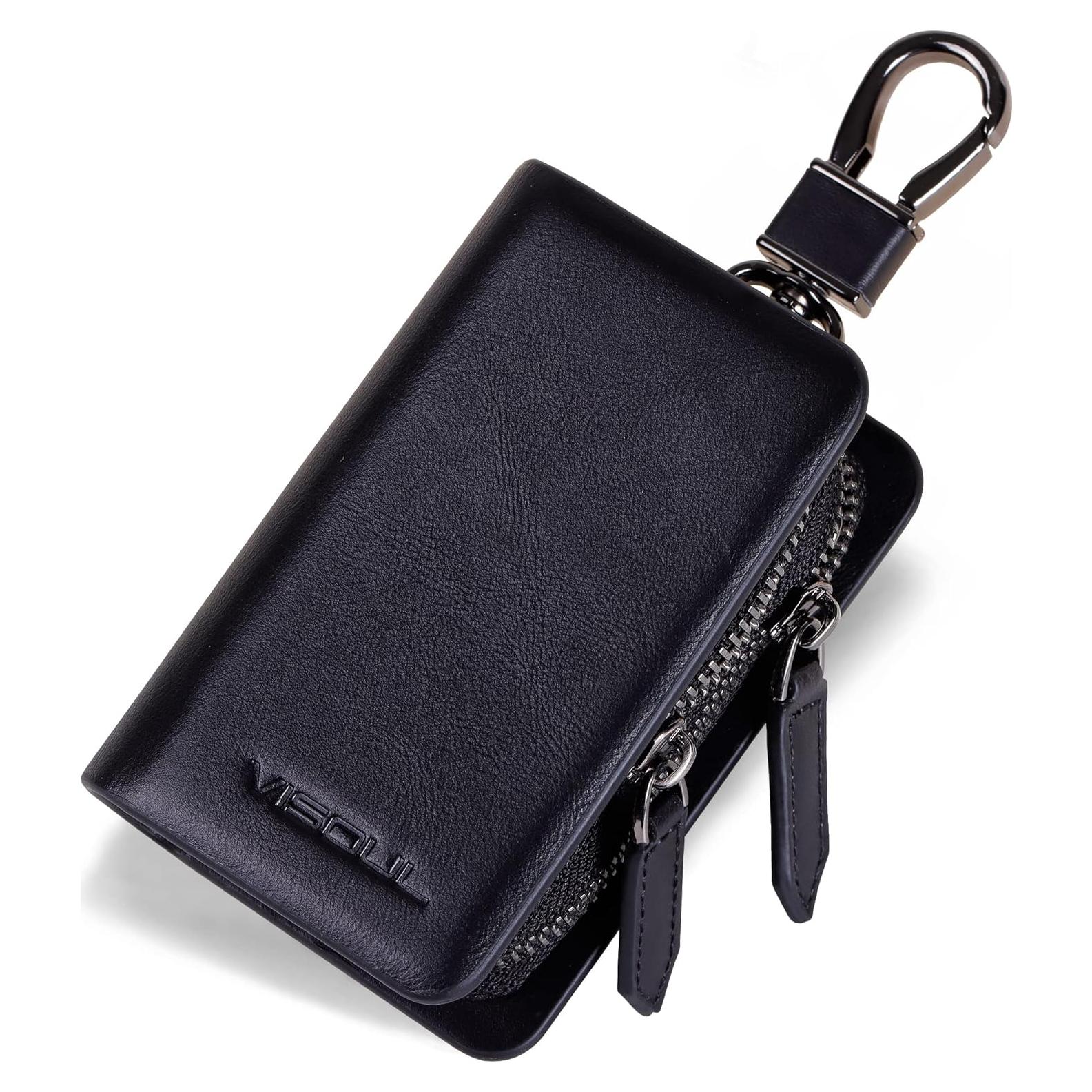 Funda de Llave de Coche VISOUL Cuero Genuino Negro Doble Cierre