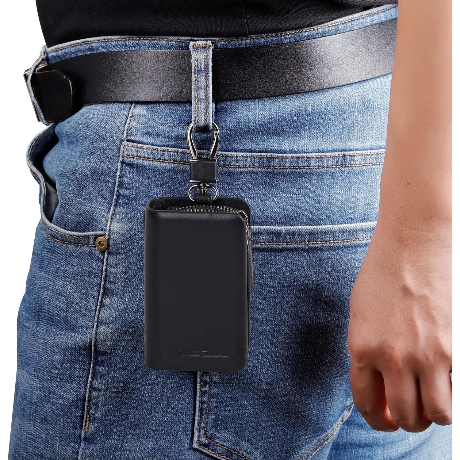 Funda de Llave de Coche VISOUL Cuero Genuino Negro Doble Cierre