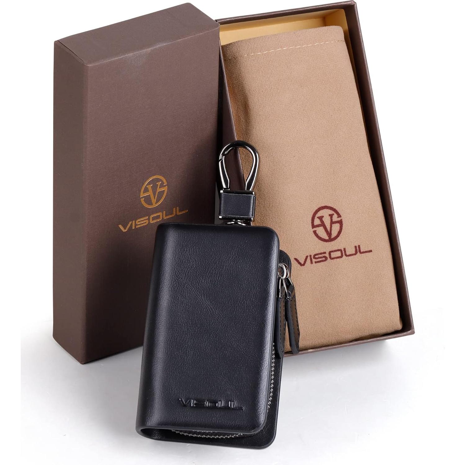 Funda de Llave de Coche VISOUL Cuero Genuino Negro Doble Cierre