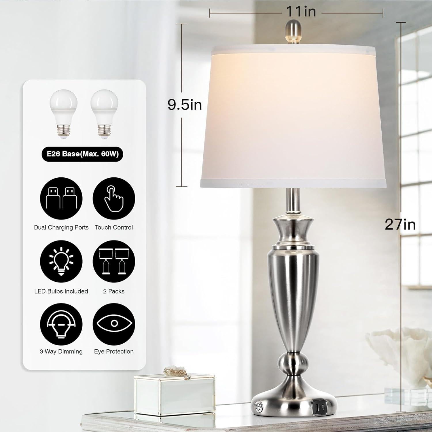 Juego de 2 Lámparas de Mesa Rinweey Plata con USB y Táctil