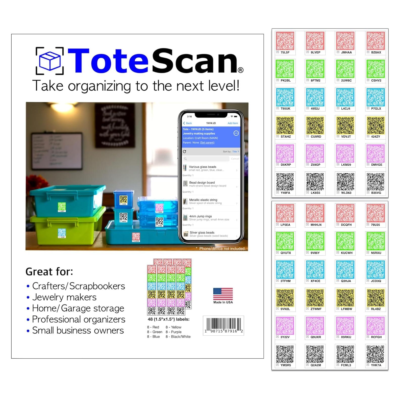 Etiquetas QR Multicolor ToteScan para Organización 48 Unidades
