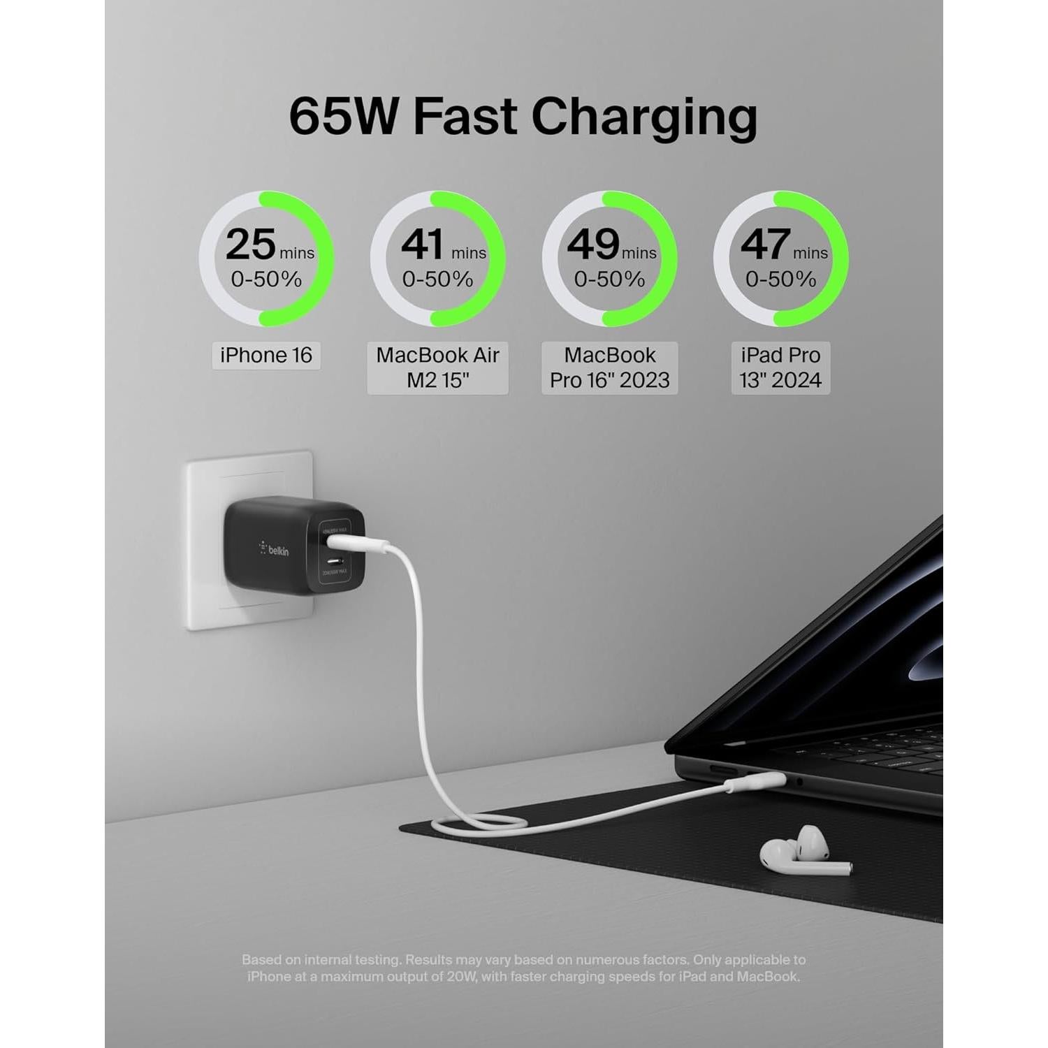 Cargador de pared USB-C Belkin 65W, carga rápida PD 3.0