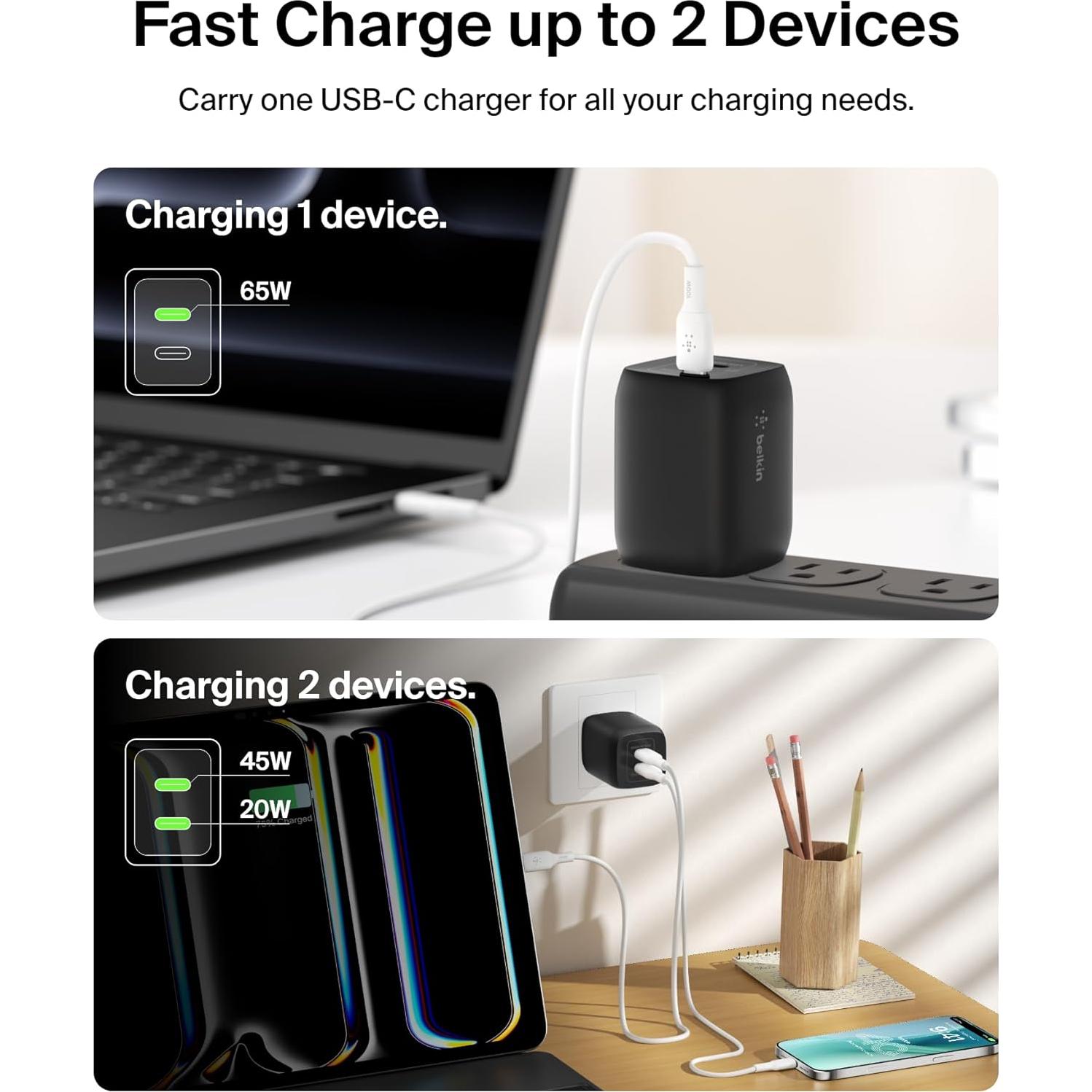 Cargador de pared USB-C Belkin 65W, carga rápida PD 3.0