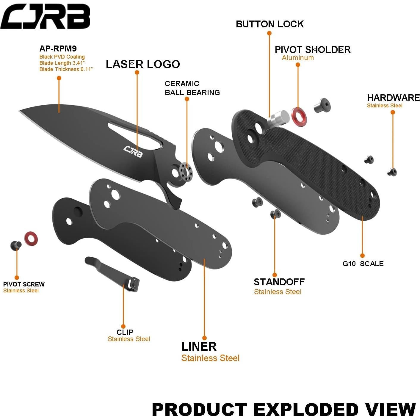 Cuchillo Plegable CJRB Lago 8.66 cm AR-RPM9 Negro EDC