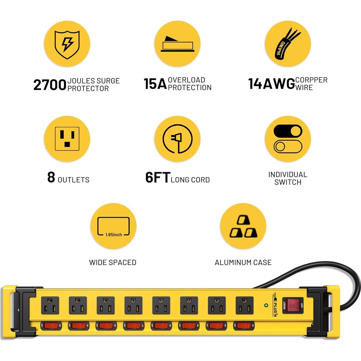 Regleta de 8 Salidas Plug'n con Protección 2700J y Cable 1.83m