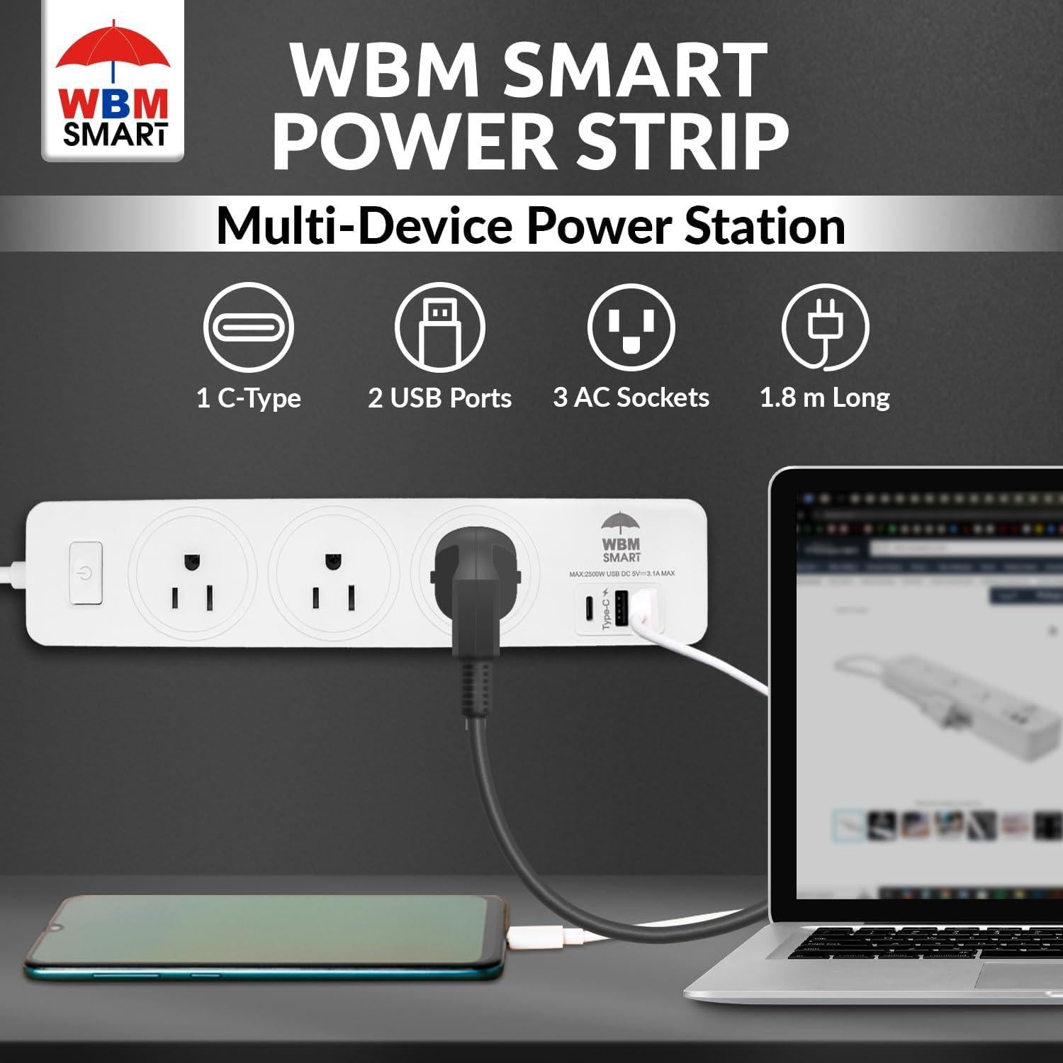 Regleta WBM SMART 1.8m 10A con 2 USB y 1 Tipo C