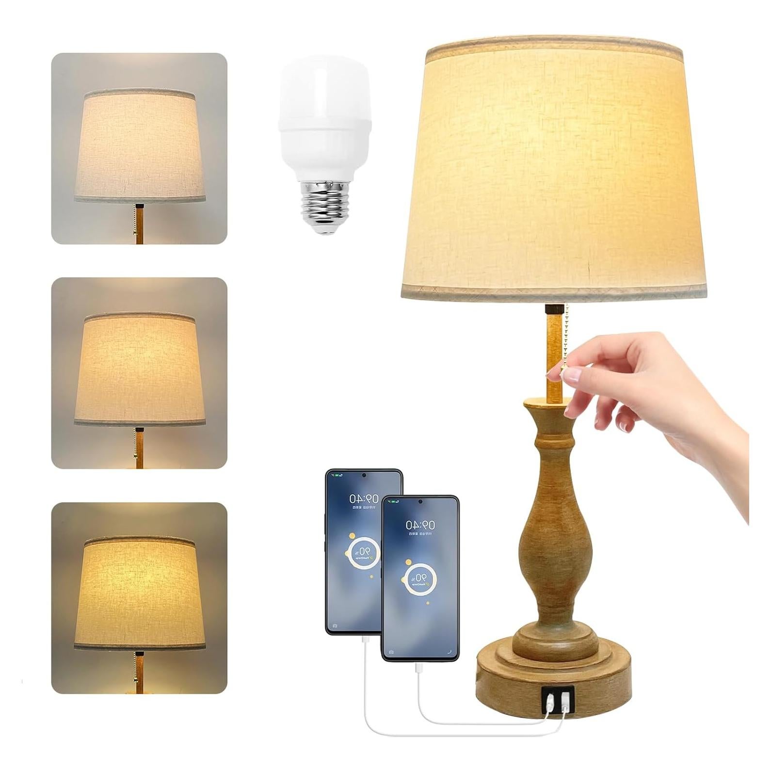 Lámpara de Mesa Estilo Granja LALISU Regulable 3-Vías con USB