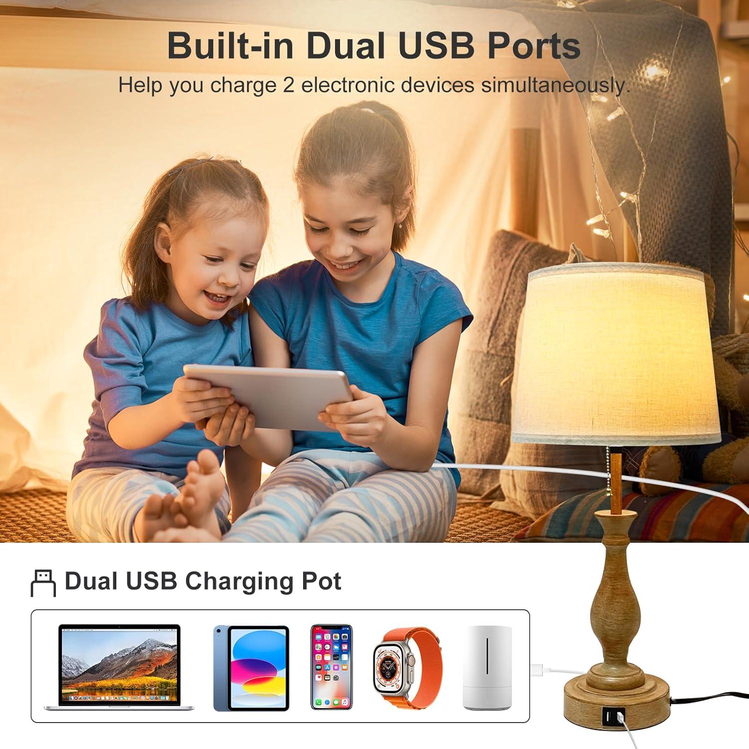 Lámpara de Mesa Estilo Granja LALISU Regulable 3-Vías con USB