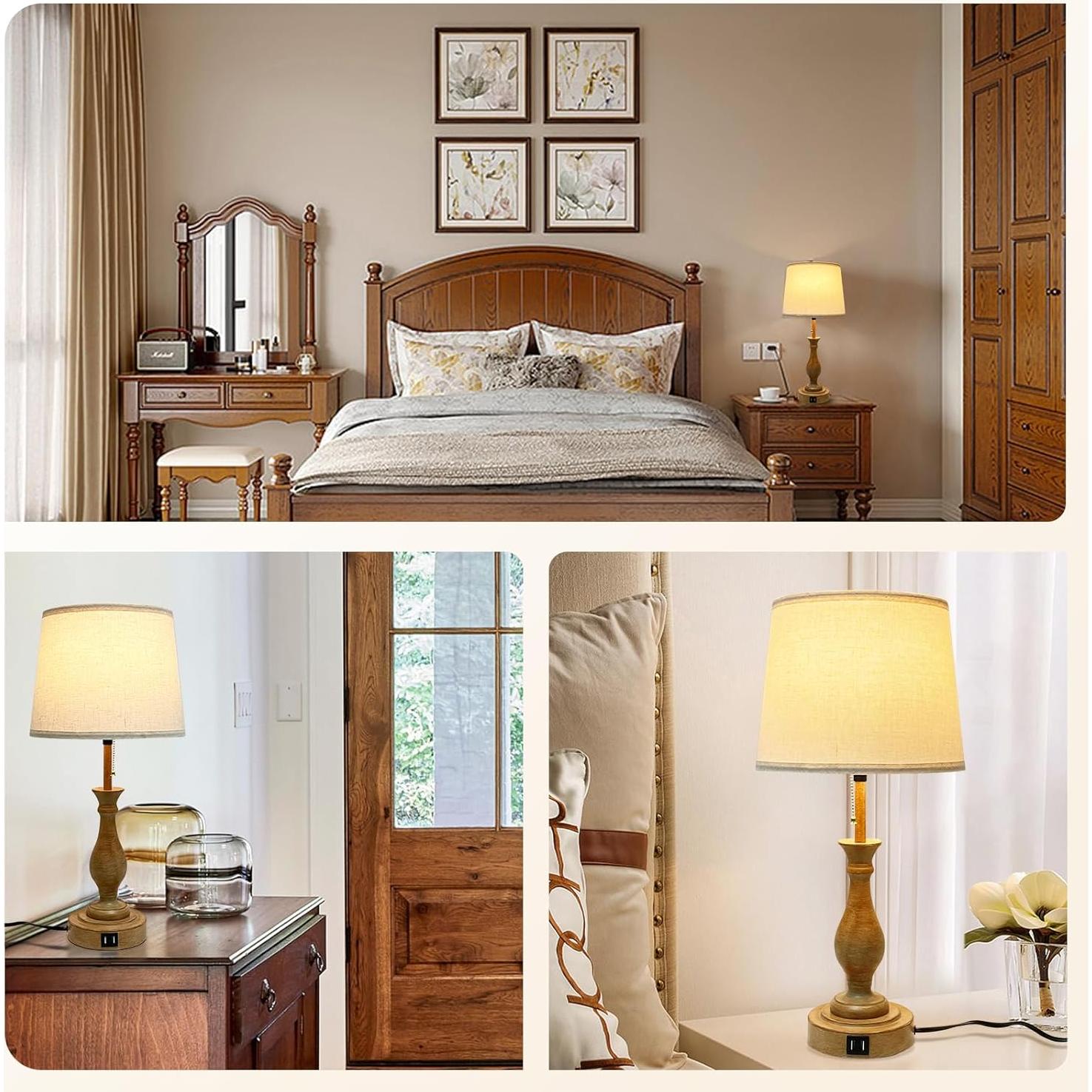 Lámpara de Mesa Estilo Granja LALISU Regulable 3-Vías con USB