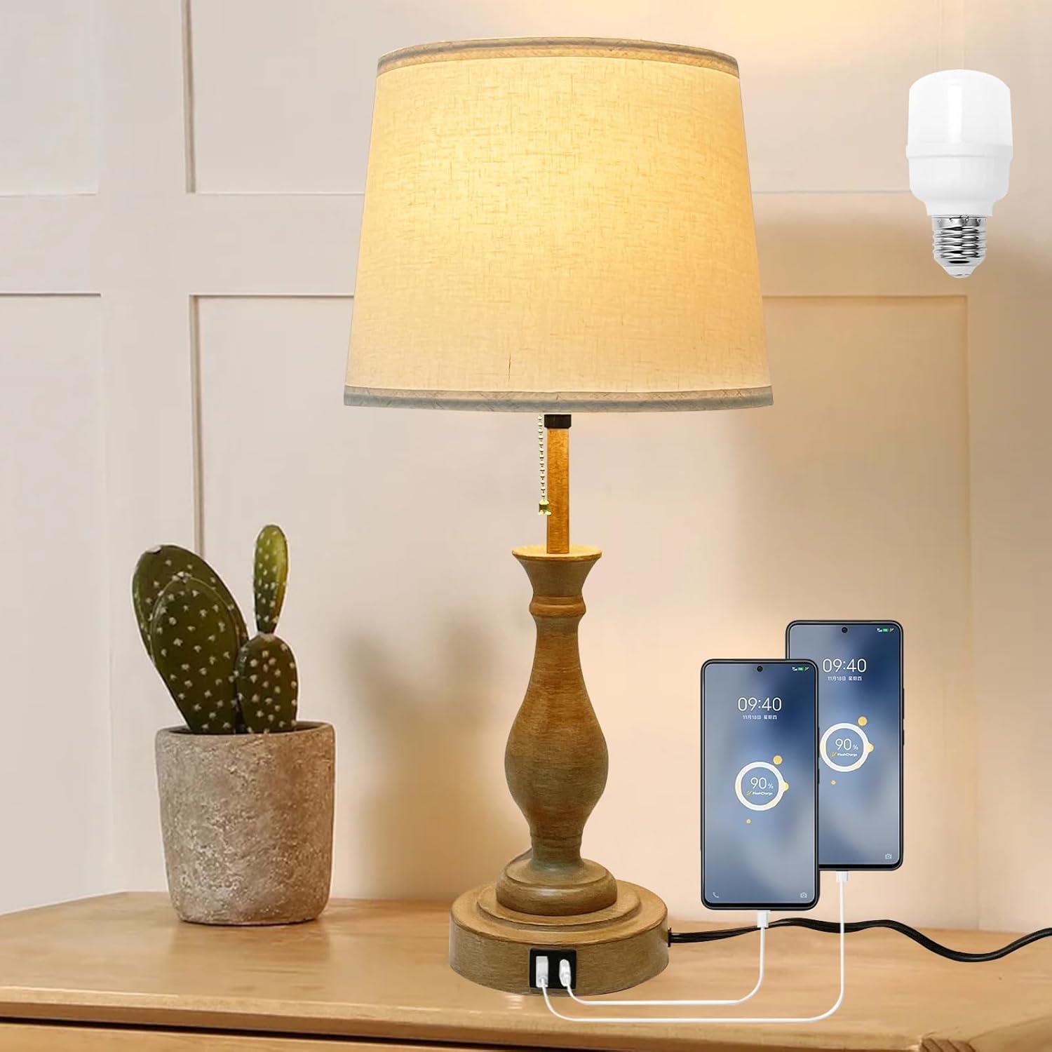 Lámpara de Mesa Estilo Granja LALISU Regulable 3-Vías con USB