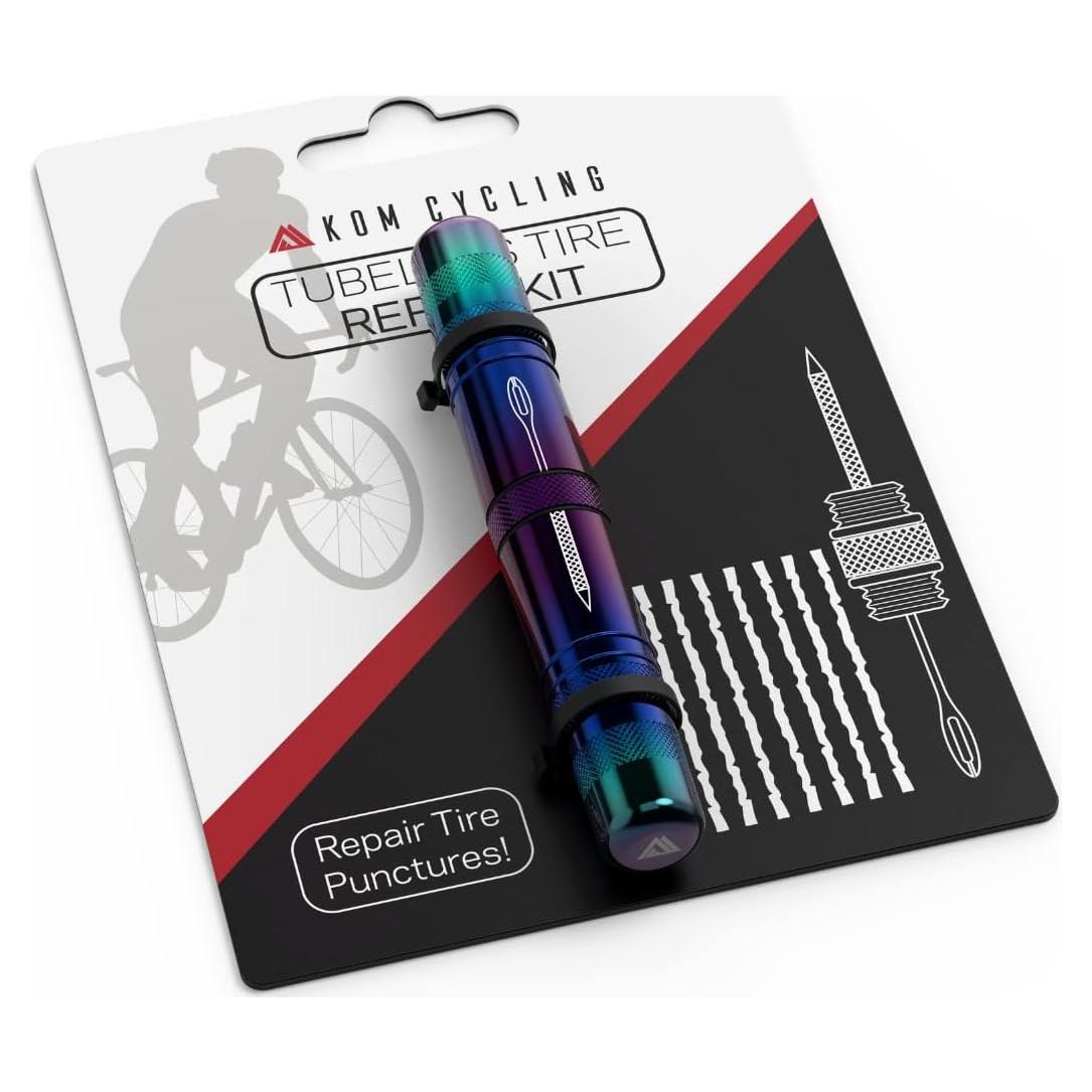 KOM Cycling Tubeless Tire Repair Kit for Bikes 8 Colors! Fixes Mountain Bike and Road Bicycle Tire Punctures – Includes Tire Repair Fork Reamer, 8 Bacon Strips. Tubeless Bike Repair Kit