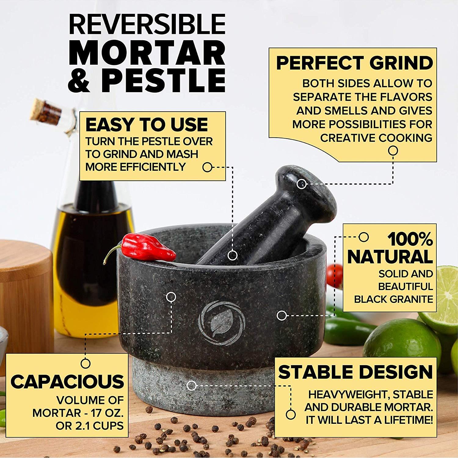 Juego de Mortero y Mano Laevo Grande de Granito Negro 2.1 Tazas