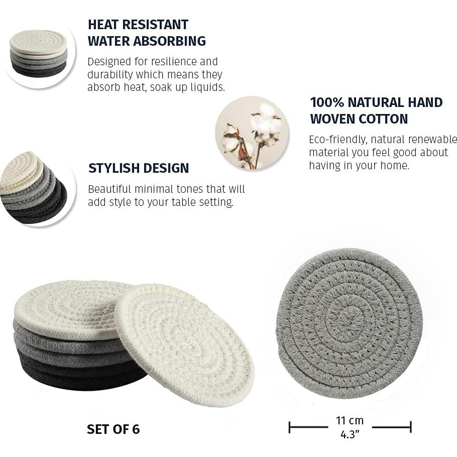 Set de 6 Posavasos Tejidos OrganiHaus Grises 10.9 cm Absorbentes