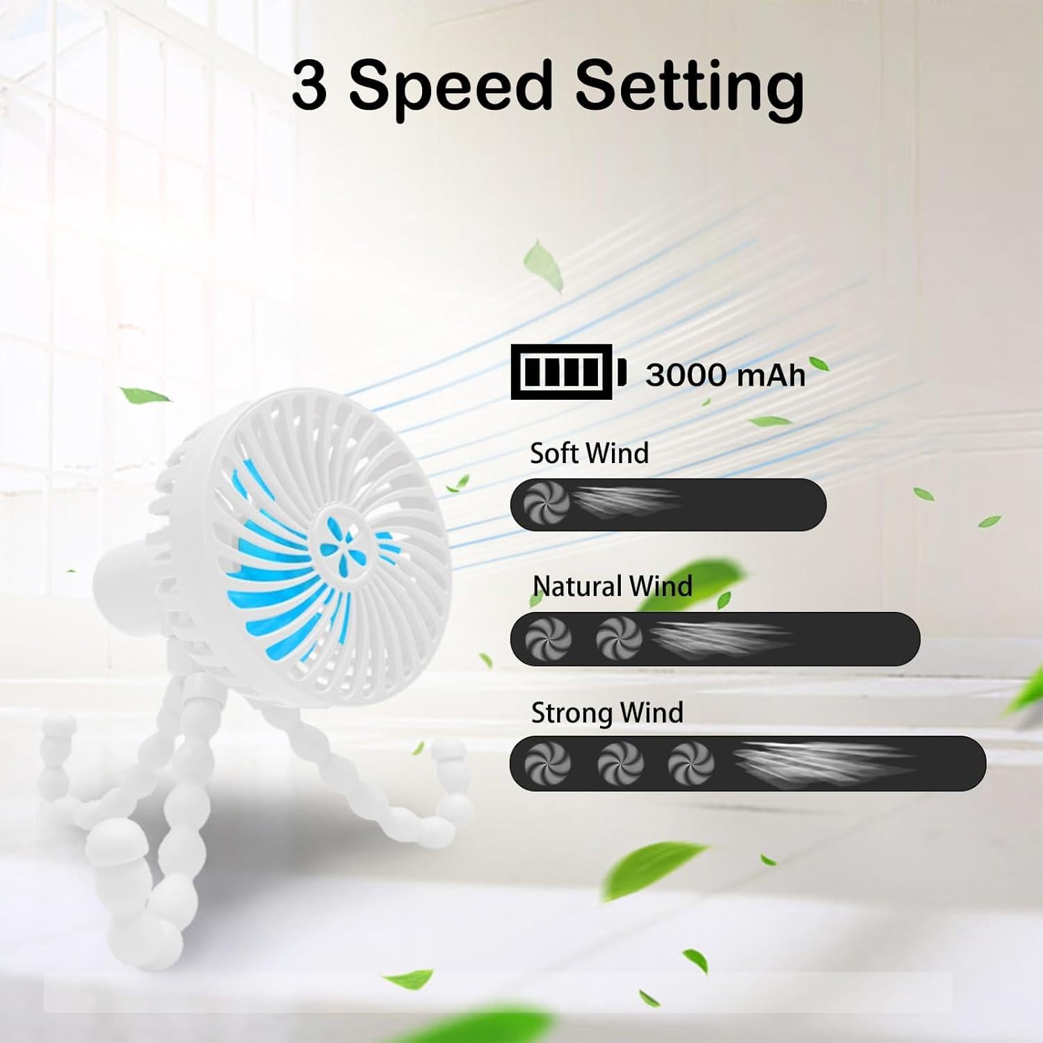 Ventilador Portátil DTXDTech para Cochecito Blanco 3000mAh