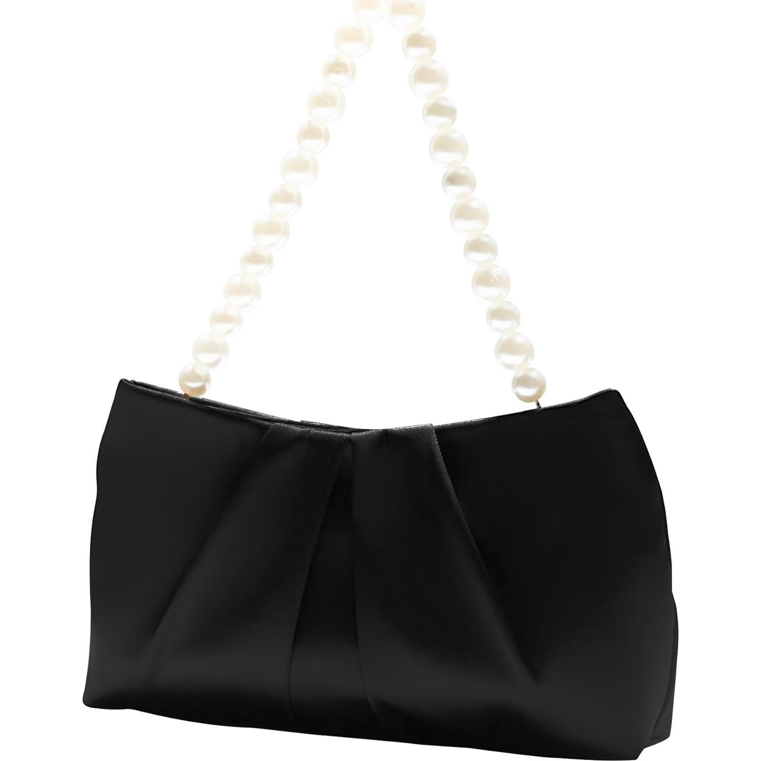 Bolso de Noche para Mujeres Satén Negro con Perlas y Cadena