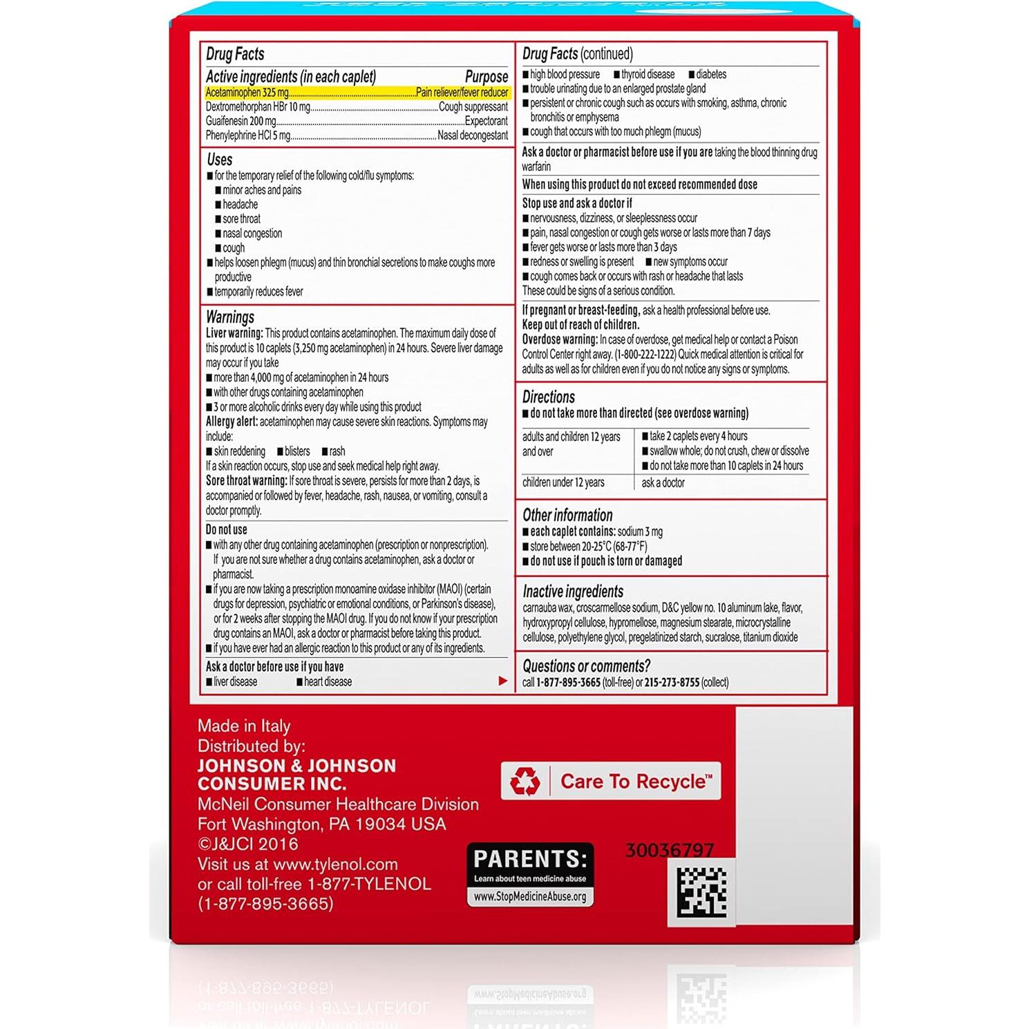 Tylenol Frío + Gripe Caplets 50 Paquetes de 2 ct - Alivio Efectivo